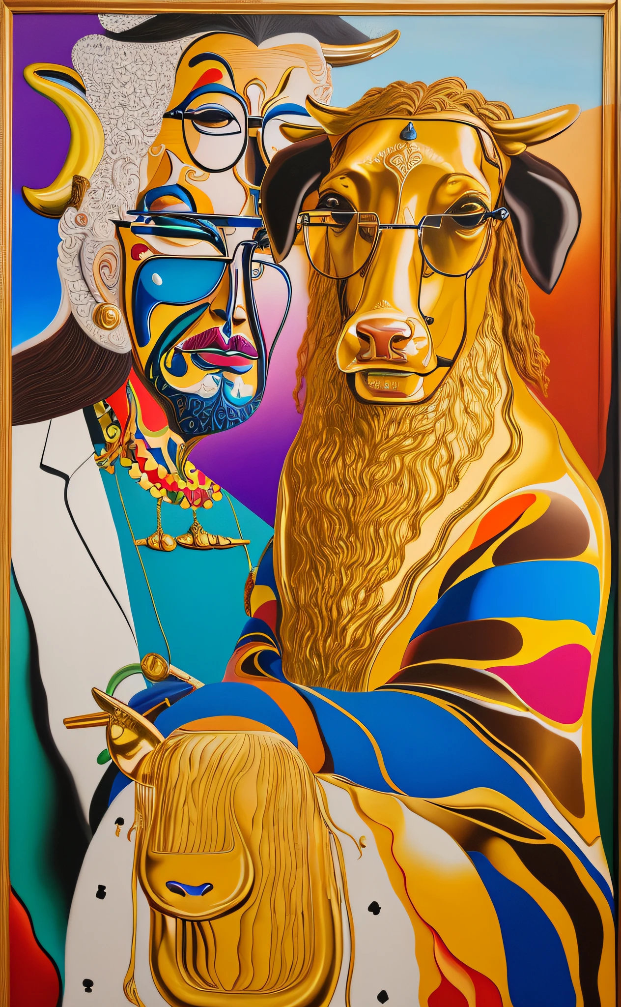 ((acrylic painting)),a man with golden glasses,(a cow in the background),((Salvador Dali style)),portrait,((layers)),((textures))