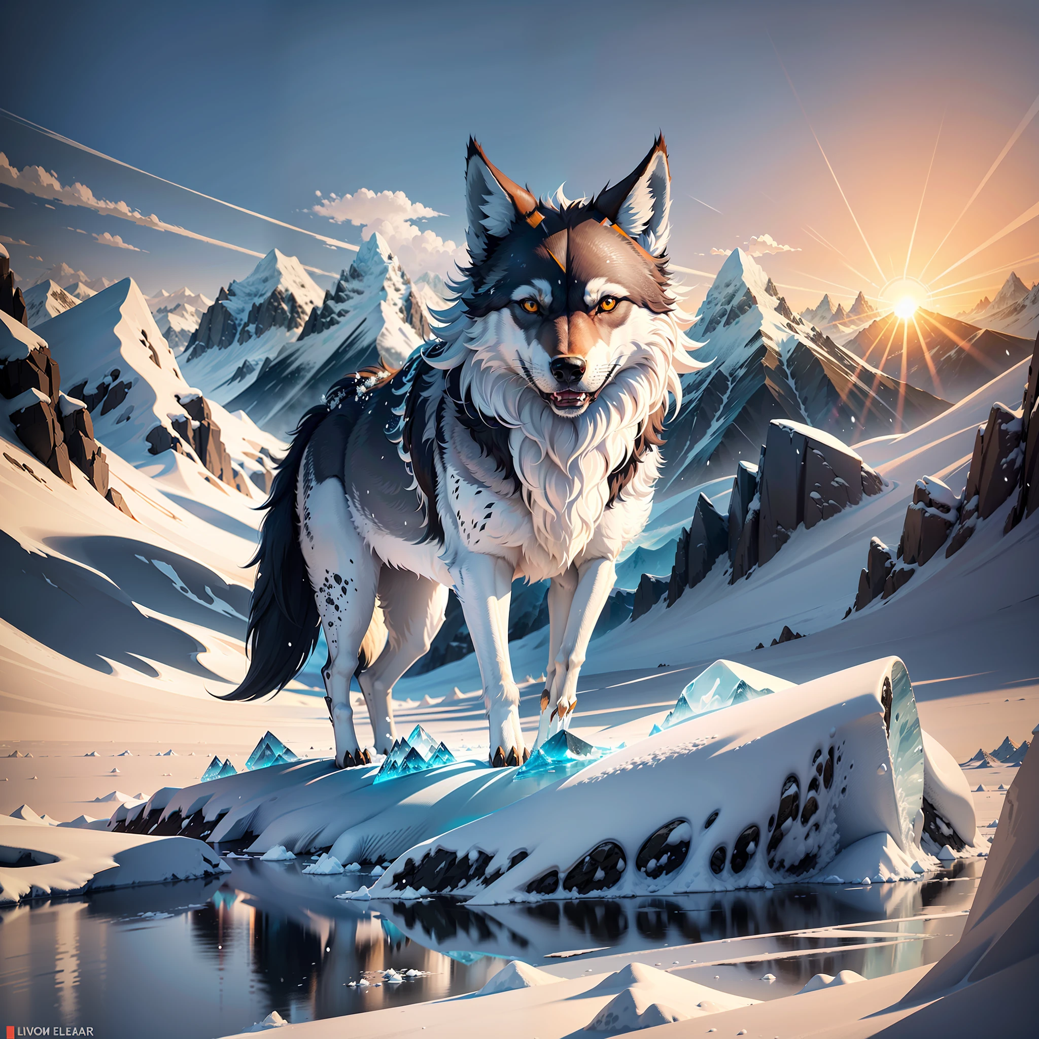 A wolf, close up of a wolf, detailed wolf, supreme detail, ice field environment, daytime, sunset, sunset, river, mountains, snow, ice flower, glacier, flattening, wolf theme, illustration, minimalist style, sharp silhouette, vector graphics, bright colors, dynamic, unique creativity