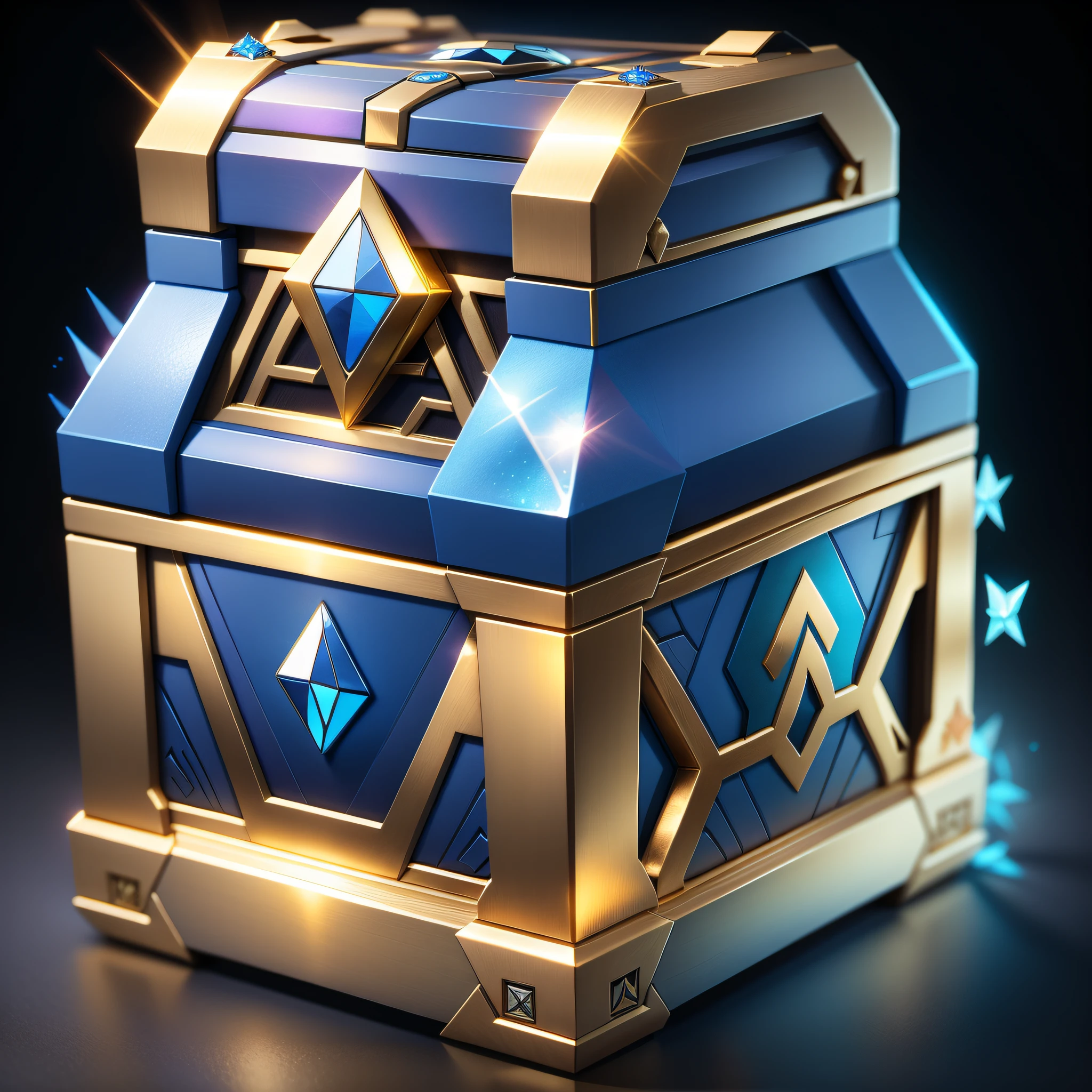 Mysterious magic box, mysterious pattern cube, Rubik's cube chest to store rewards, Western magic style, ultra-high-definition game prop icon, reasonable and regular shape, beautiful lines, suitable color matching, simple and mysterious treasure chest, blue tone, crystal clear feeling, crystal texture, diamond style, silver metal accessories