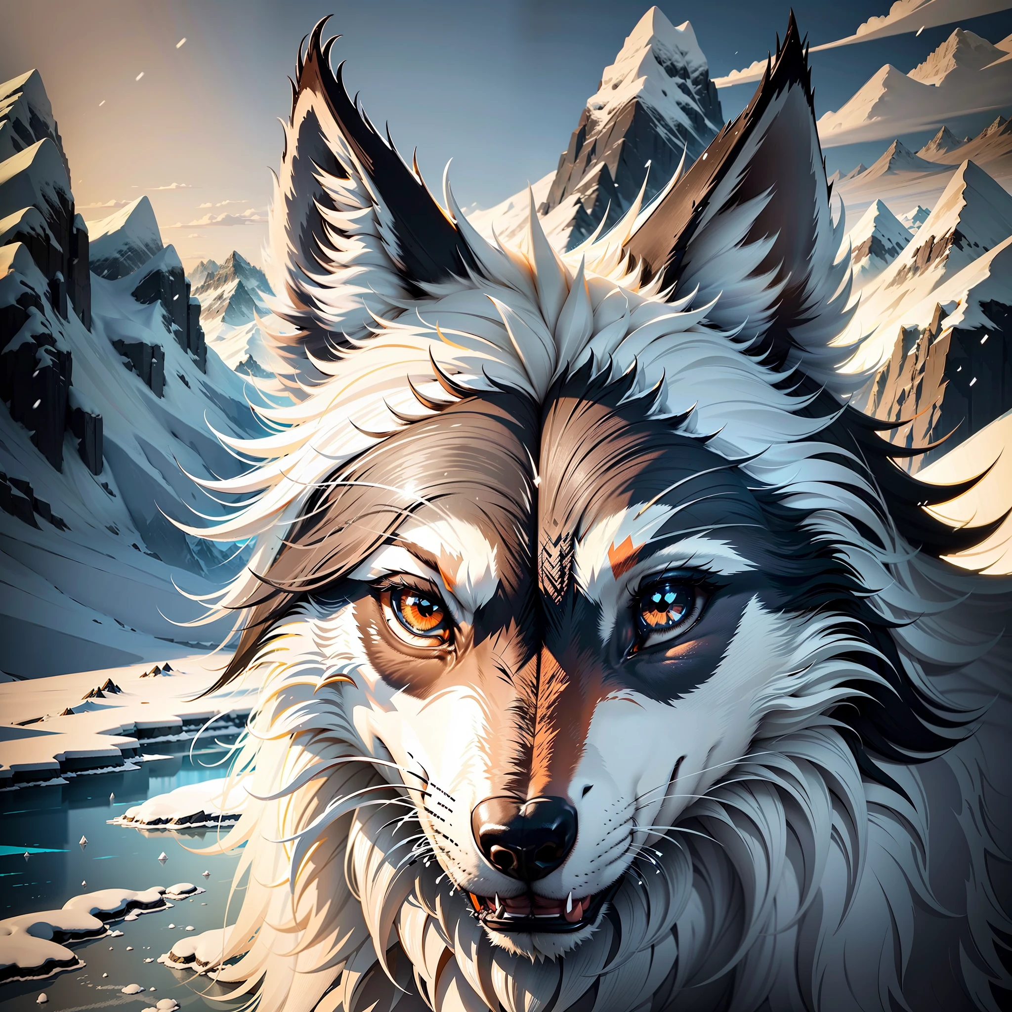 A wolf, close up of a wolf, detailed wolf, supreme detail, ice field environment, daytime, sunset, sunset, river, mountains, snow, ice flower, glacier, flattening, wolf theme, illustration, minimalist style, sharp silhouette, vector graphics, bright colors, dynamic, unique creativity