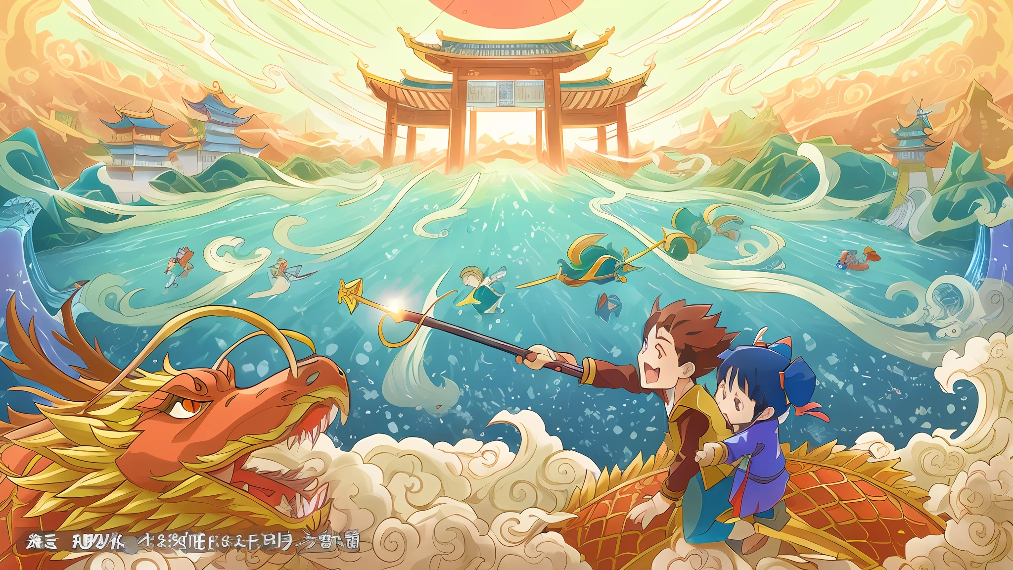 Anime style drawing of boys and girls on board with dragons, Dragon Boat Festival illustration, hand drawn cartoon art style, G Liulian art style, 8K cartoon illustration, Chinese fantasy, digital cartoon painting art, official artwork, inspired by Zhang Zongcang, anime fantasy illustration, Chinese dreamland --auto --s2