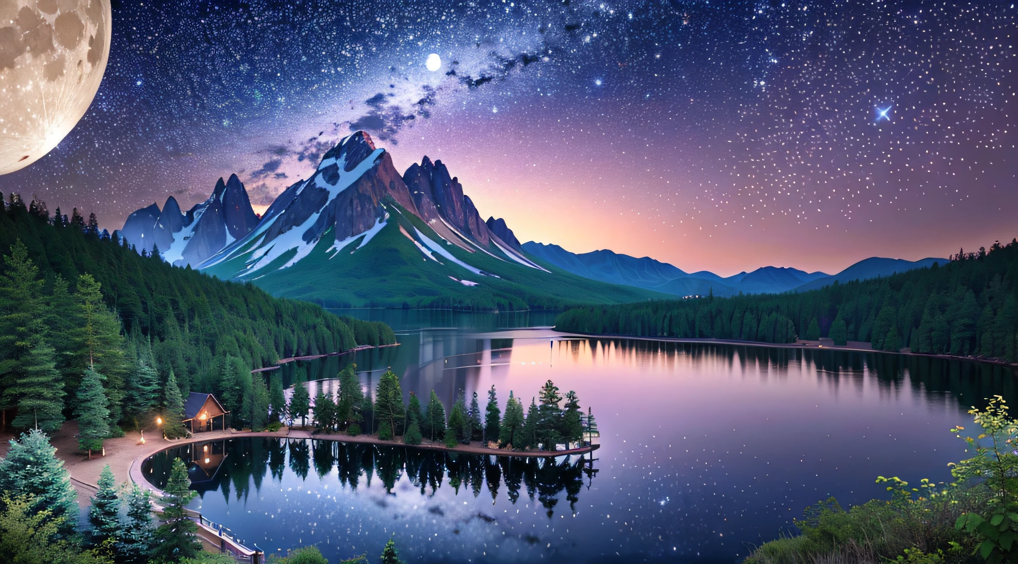 Very starry night. A giant moon behind the mountains. A tranquil lake reflecting the night. Realistic scene, detailed, photorealism, 8k