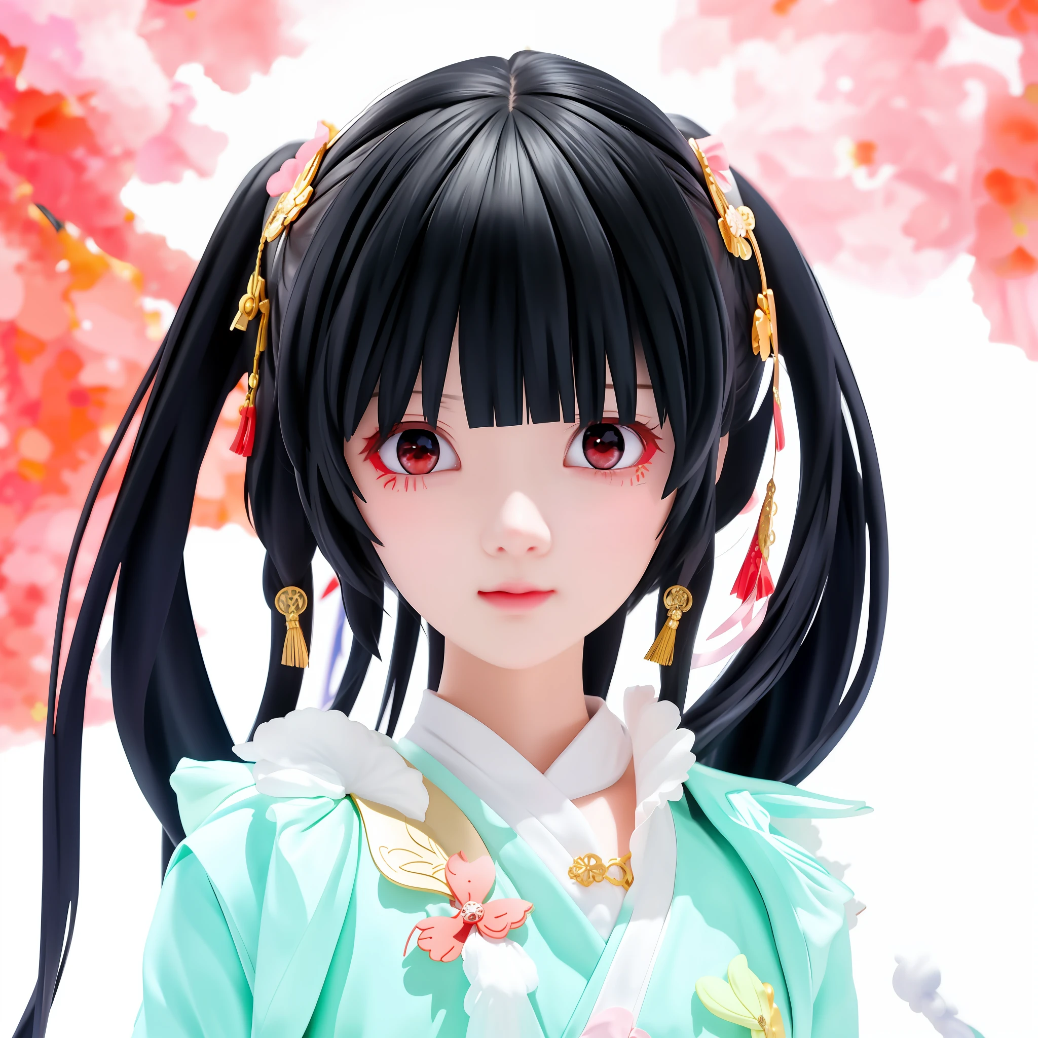 Anime girl with black hair and red eyes looking at camera, cute anime face, inspired by Kanamoto Village, anime face, inspired by Yumeji Takehisa, in anime style, anime moe art style, gapmoe yandere grimdark, beautiful anime face, she has black hair and bangs, 1 7 - anime gothic girl, cute double ponytail little giind box toy style