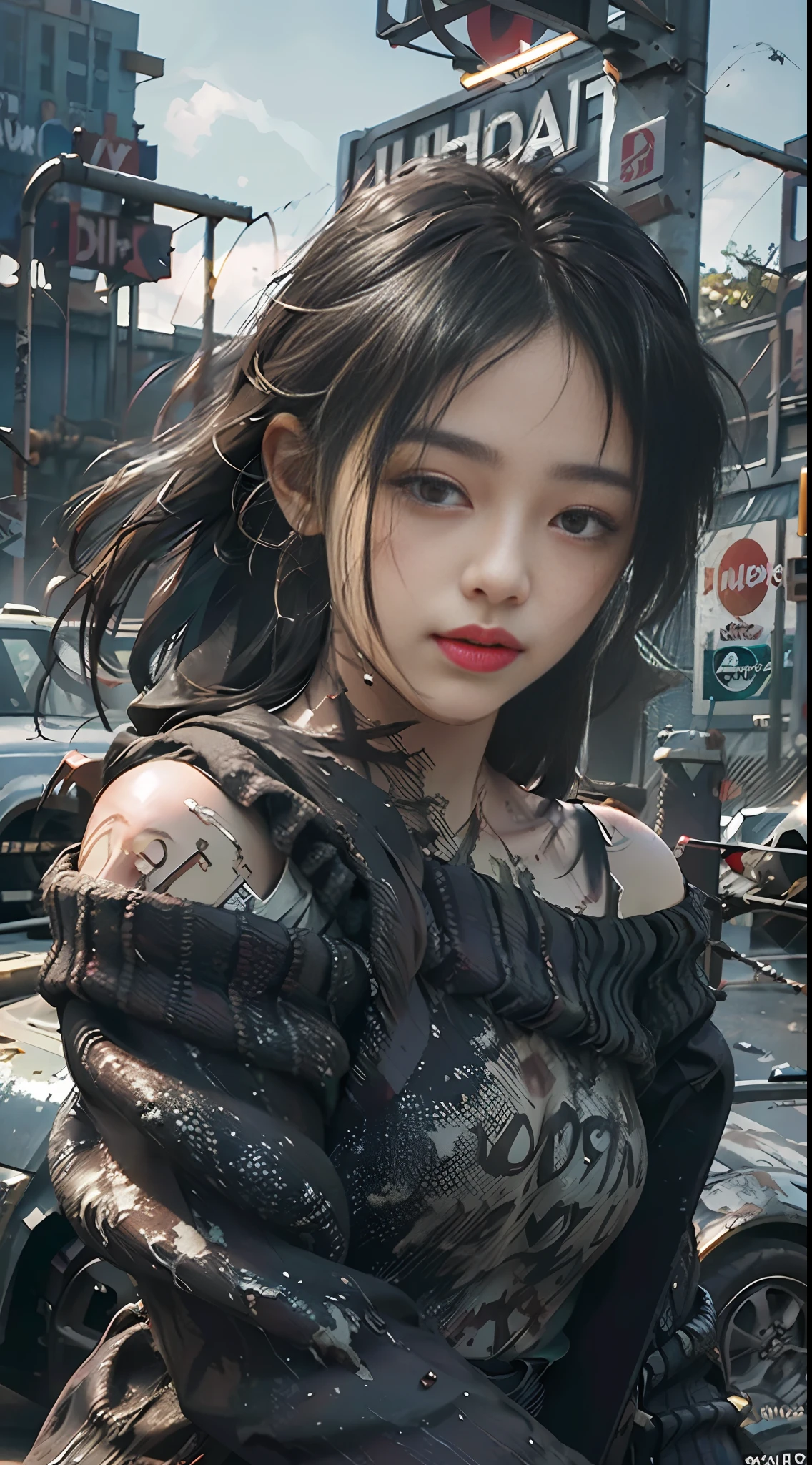 Best quality, masterpiece, ultra high res, (photorealistic:1.4), raw photo, 1girl, off shoulder, cinematic lighting, apocalypse, ruins, war, (dirty face), lowkey, (film grain:1.0), (floating dust particle:1.2), dust, blood stains, sad, long hair