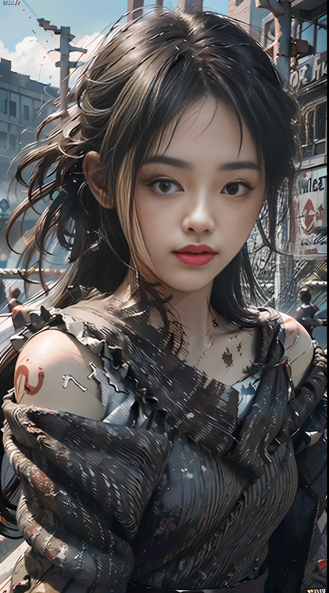Best quality, masterpiece, ultra high res, (photorealistic:1.4), raw photo, 1girl, off shoulder, cinematic lighting, apocalypse, ruins, war, (dirty face), lowkey, (film grain:1.0), (floating dust particle:1.2), dust, blood stains, sad, long hair