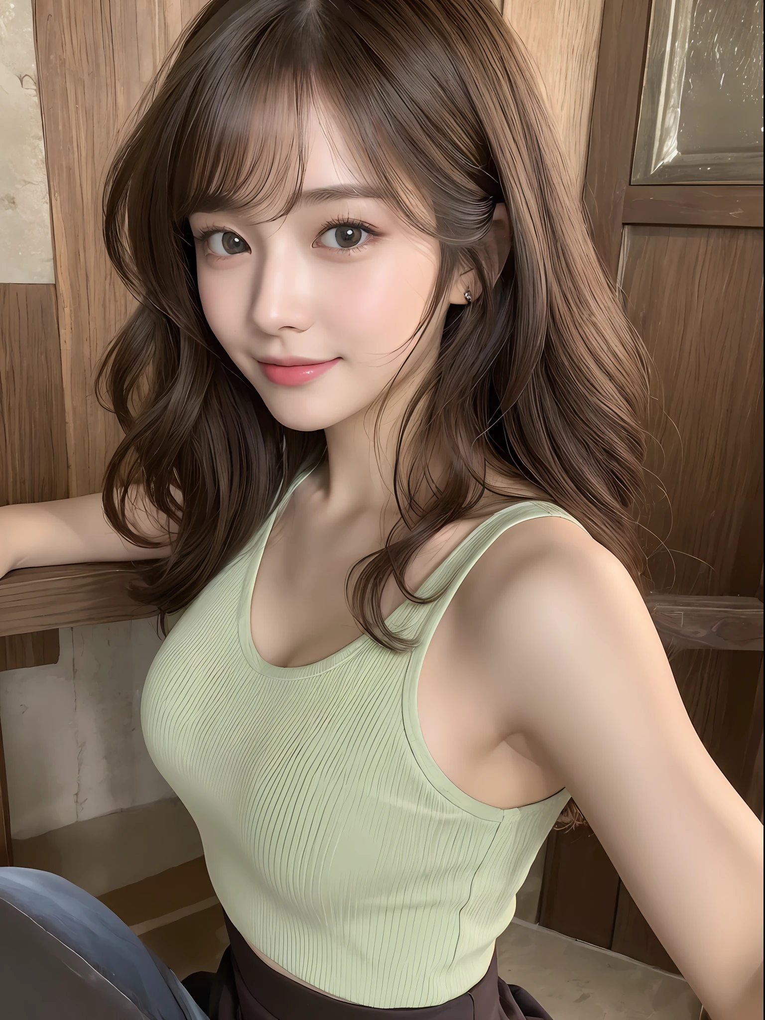 ((Best Quality, 8K, Masterpiece: 1.3)), a woman riding on a woman, half-body, smile, happy eyes, beautiful woman, (dark brown hair), tight t-shirt, mini casual skirt, super detailed face, detailed eyes, double eyelids, basement, indoor, bare shoulder