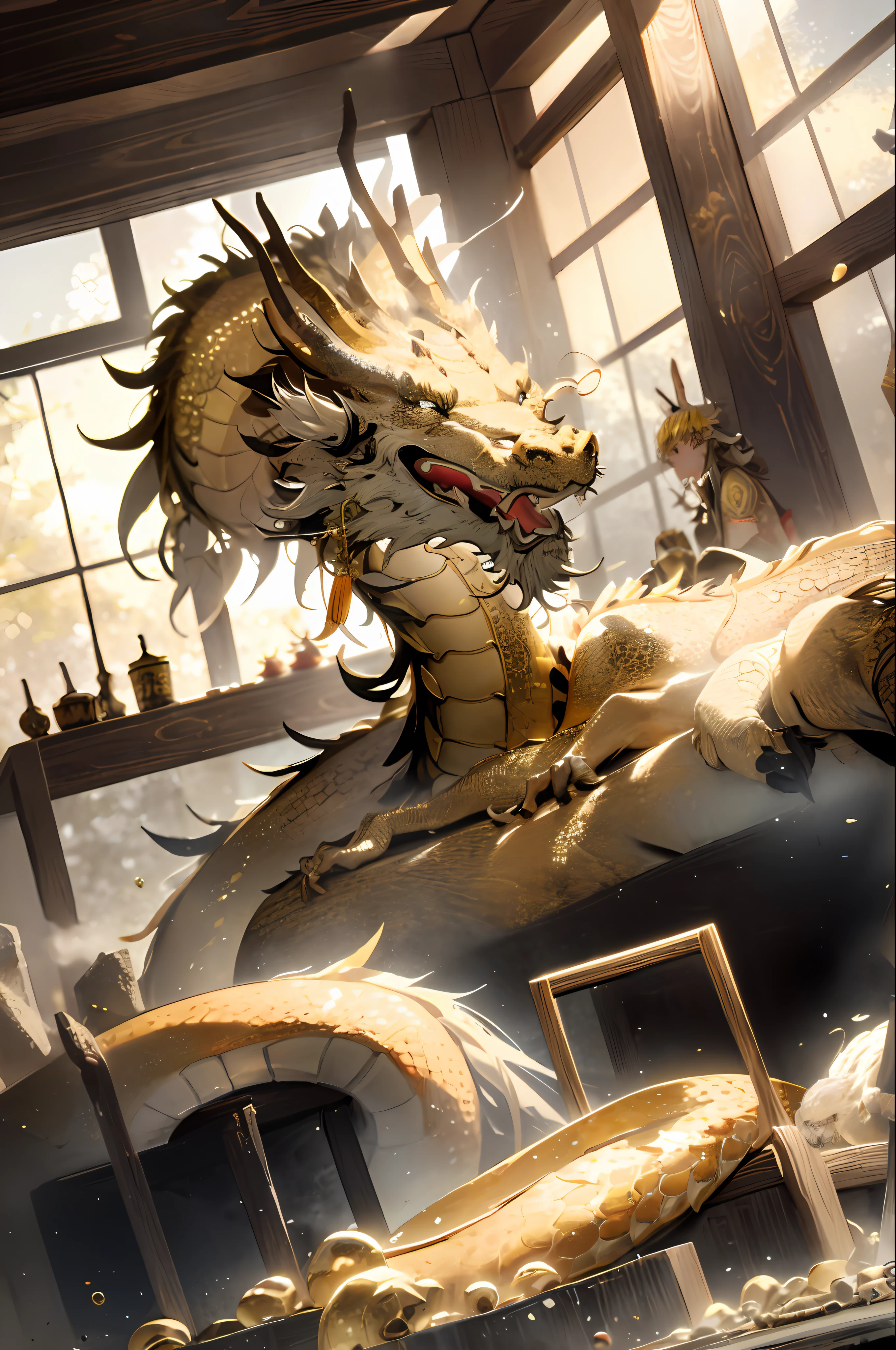 Chinese dragon, golden, golden scales, golden all over