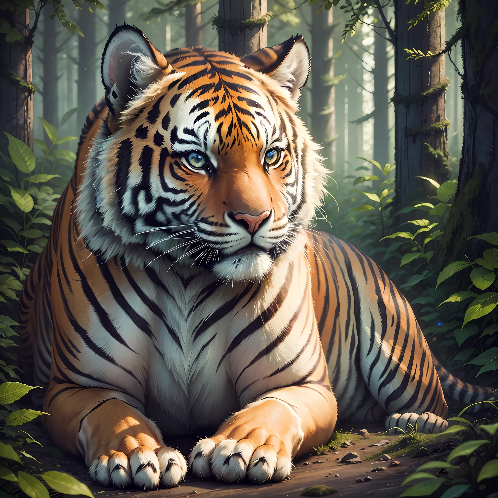 masterpiece, best quality, ultra-realistic, (grainy:0.3), matte colors, tiger, relaxed expression, background forest clearing at night, many details, sharp focus, detailed, intricate details, very detailed, detailed eye, photorealistic, ultra hd, sharp focus, digital rendering, professional, 4k --auto --s2