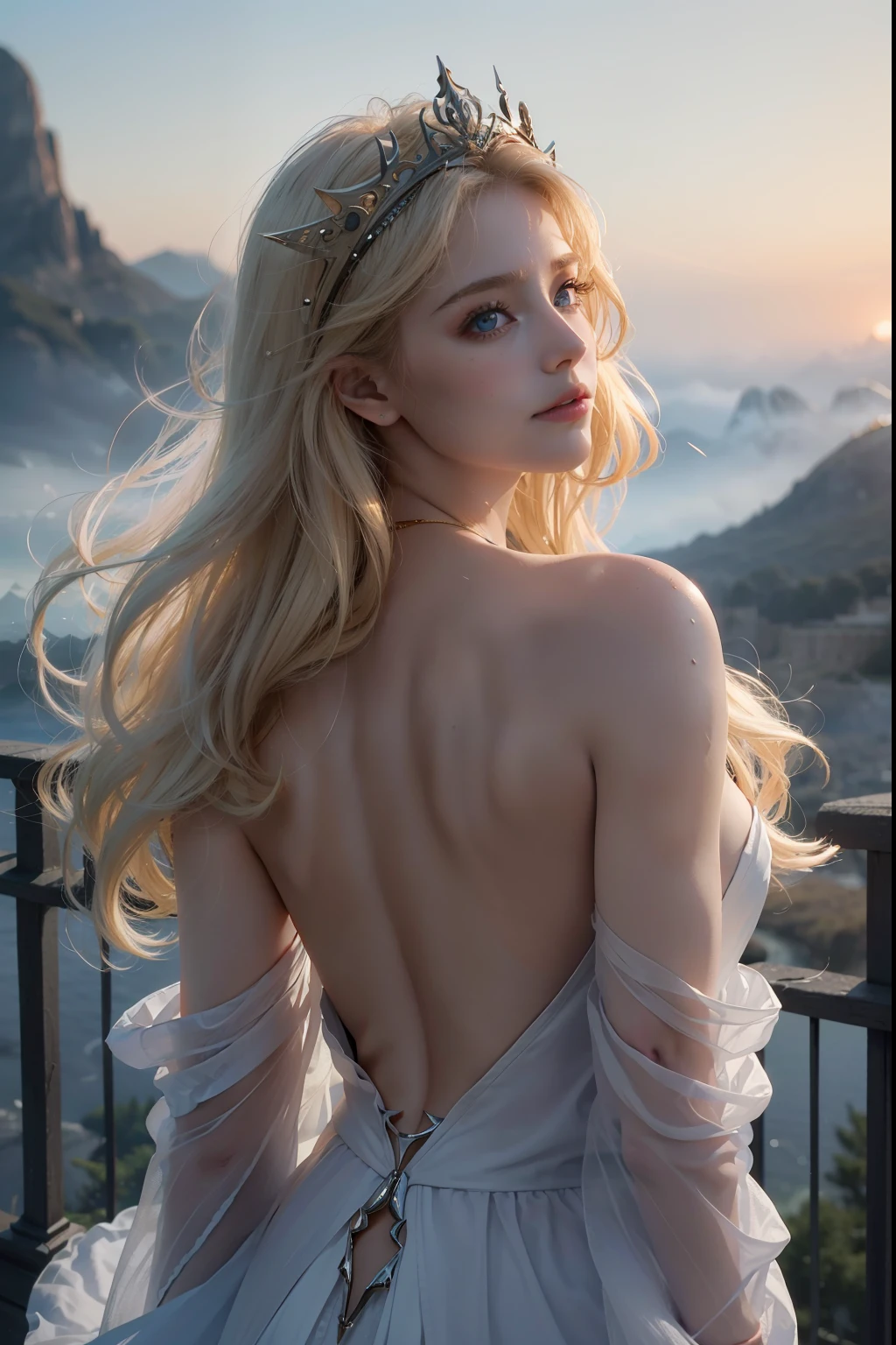 ((Best Quality, 8k, Sharp Focus, 35mm Lens, Masterpiece: 1.2, back Light, Ultimate Girl, Highly Detailed Facial Textures, Highly Detailed Facial Textures, detailed beauty makeup: 1.2, realistic skin, detailed bangs)), The background of night the mountain, (detailed shining light gold Full Metal Armor), holding flame-lance, (circlet helmet), 22 years old, inverted triangle face, Grinning, detailed divine pale blonde hair, long wavy messy hair, wind, light fog, devil's castle, beautiful detailed deep blue eyes, sense of determination Courageous face, final battle, absurdity, upper body , head tilt