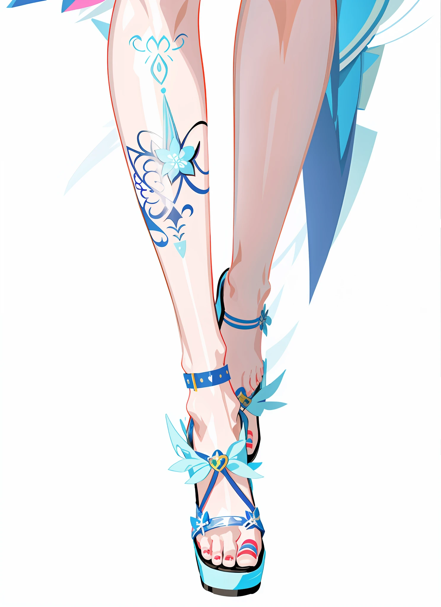 There is a drawing of a woman's leg with a tattoo, high heels. Pixiv anime style, produced by Anime Painter Studio, detailed legs, soft anime illustrations, stretched legs!!! Intricate, detailed legs towering over you, stylized anime, , anime illustration, inspired by Gaozen, anime graphic illustration, mcross delta splash art, anime stylization, masterpiece, five toes, pretty feet, seductive foot structure