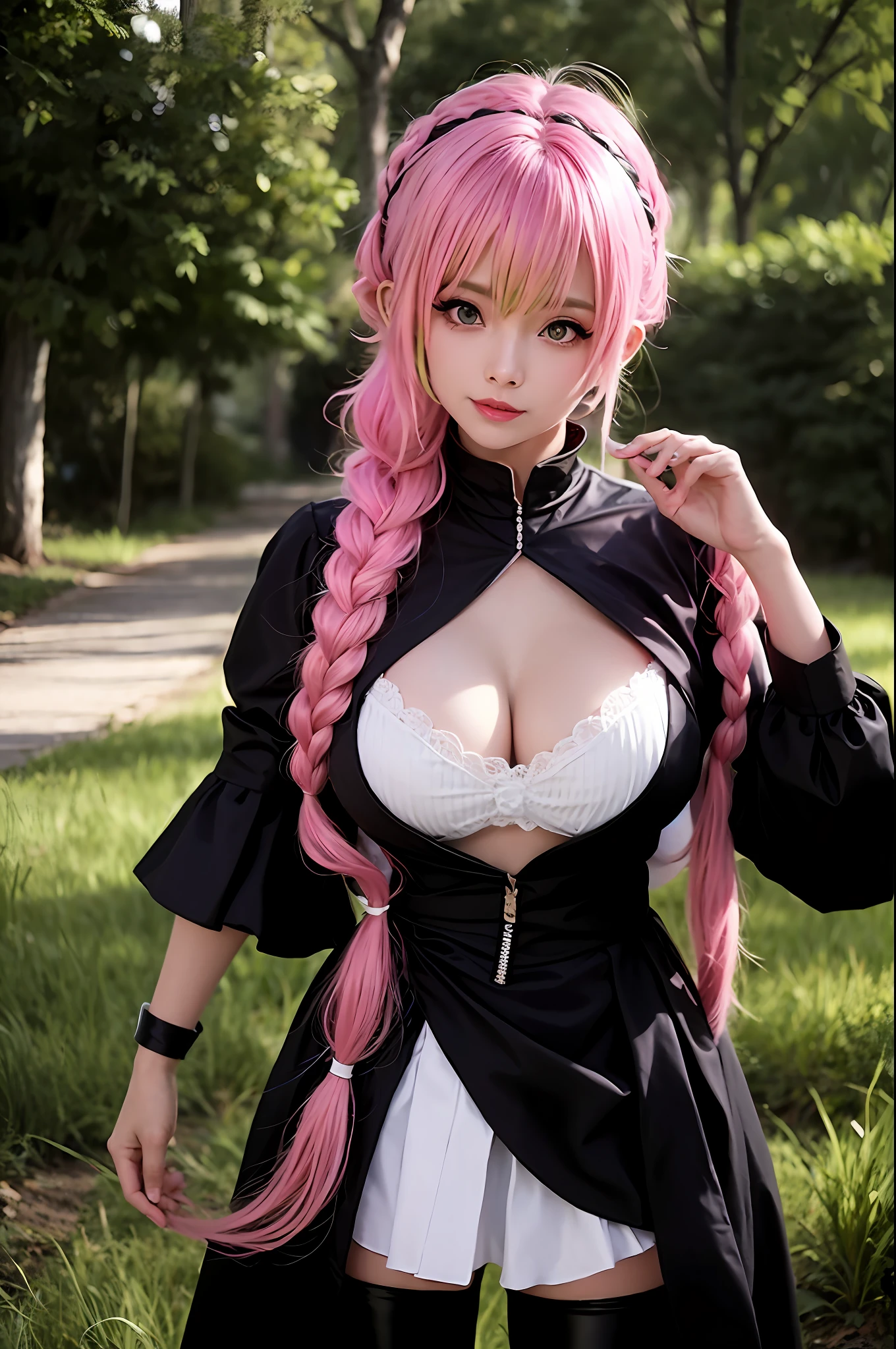 Short black and white costume with pink braid hair, {{{1/3 of the hair is green}}}}, big breasts, anime girl cosplay, cosplay, glamorous cosplay, cosplay photo