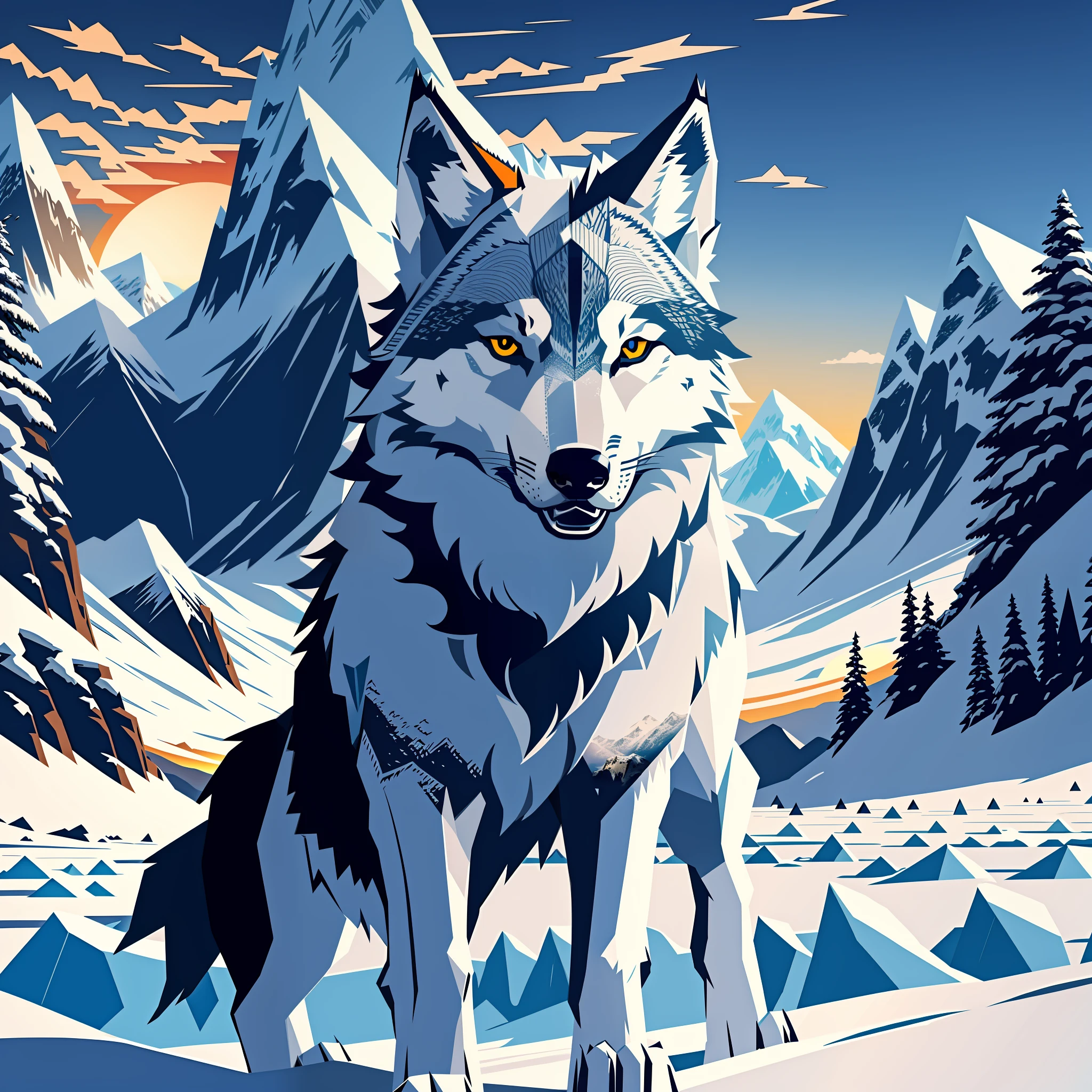 A wolf, close up of a wolf, detailed wolf, supreme detail, ice field environment, daytime, sunset, sunset, river, mountains, snow, ice flower, glacier, flattening, wolf theme, illustration, minimalist style, sharp silhouette, vector graphics, bright colors, dynamic, unique creativity