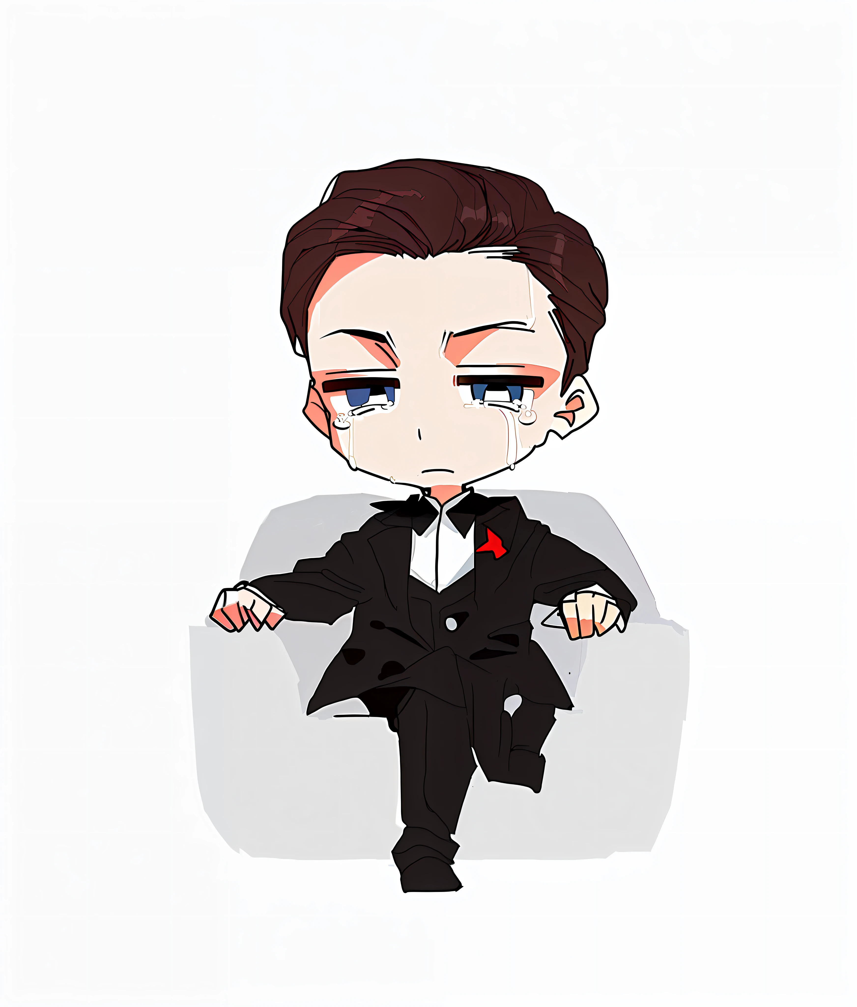 Q version of modern man, looking at the camera with tears in his eyes, messy hair, only generating his upper body, looking sideways at the camera --auto --s2