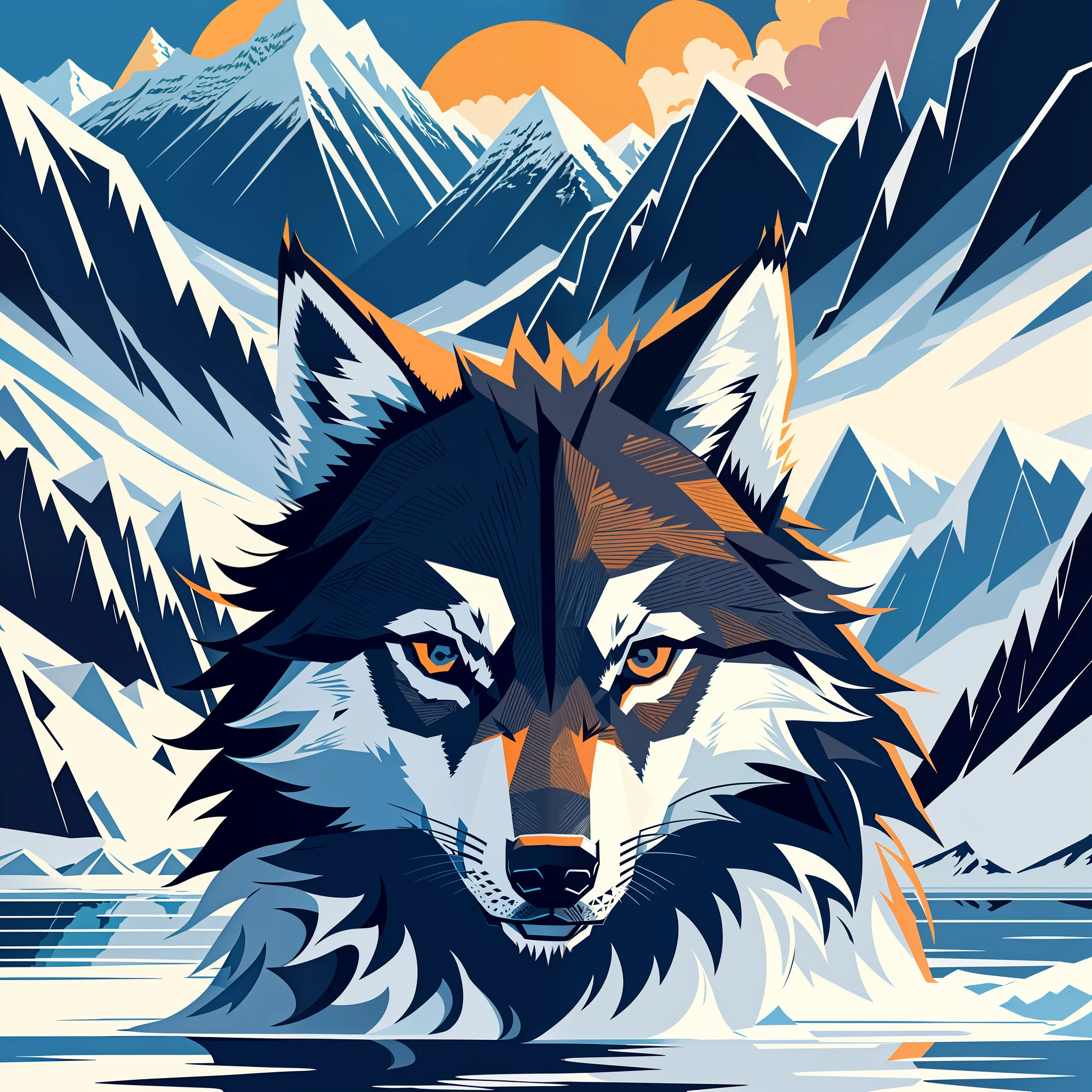A wolf, close up of a wolf, detailed wolf, supreme detail, ice field environment, daytime, sunset, sunset, river, mountains, snow, ice flower, glacier, flattening, wolf theme, illustration, minimalist style, sharp silhouette, vector graphics, bright colors, dynamic, unique creativity