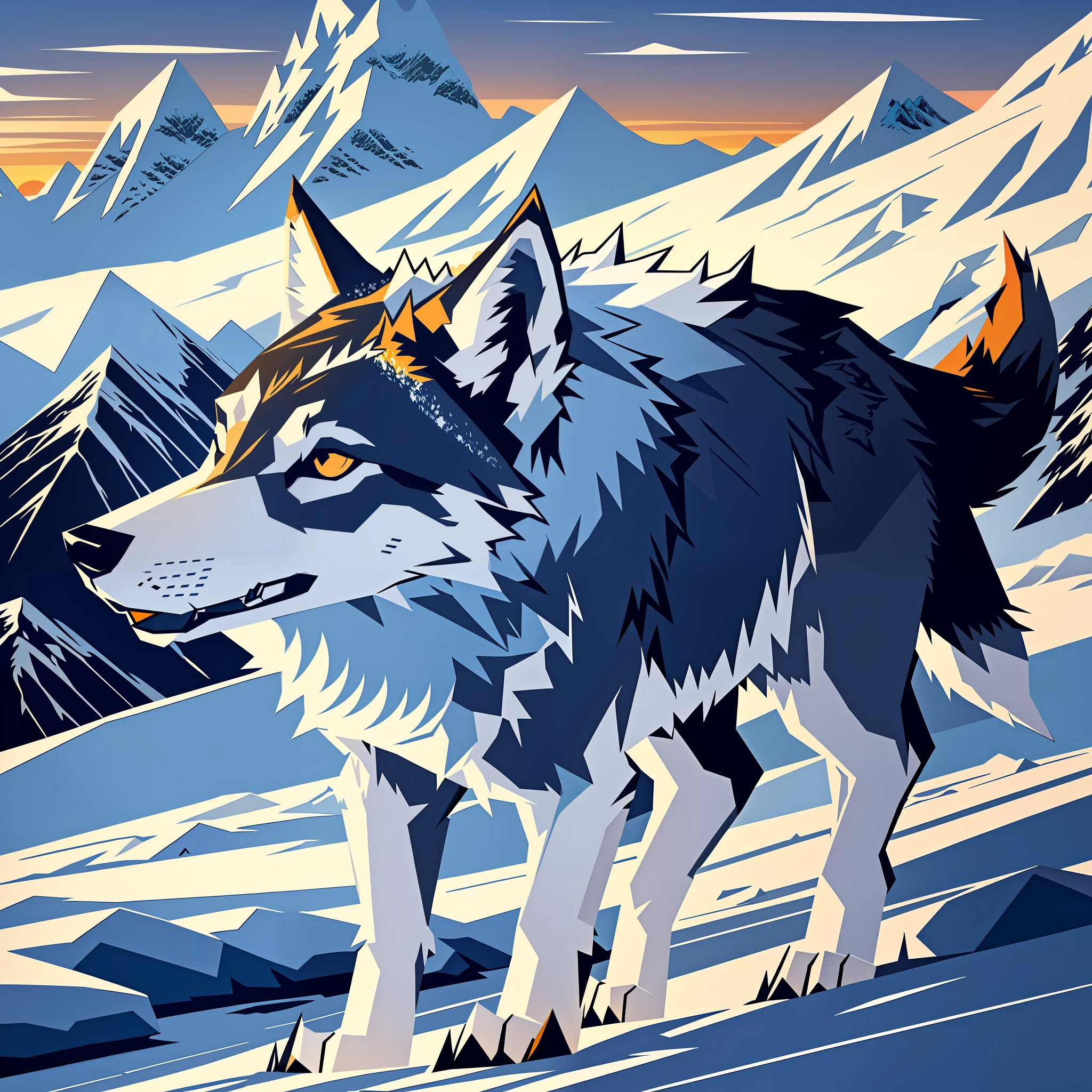 A wolf, close up of a wolf, detailed wolf, supreme detail, ice field environment, daytime, sunset, sunset, river, mountains, snow, ice flower, glacier, flattening, wolf theme, illustration, minimalist style, sharp silhouette, vector graphics, bright colors, dynamic, unique creativity