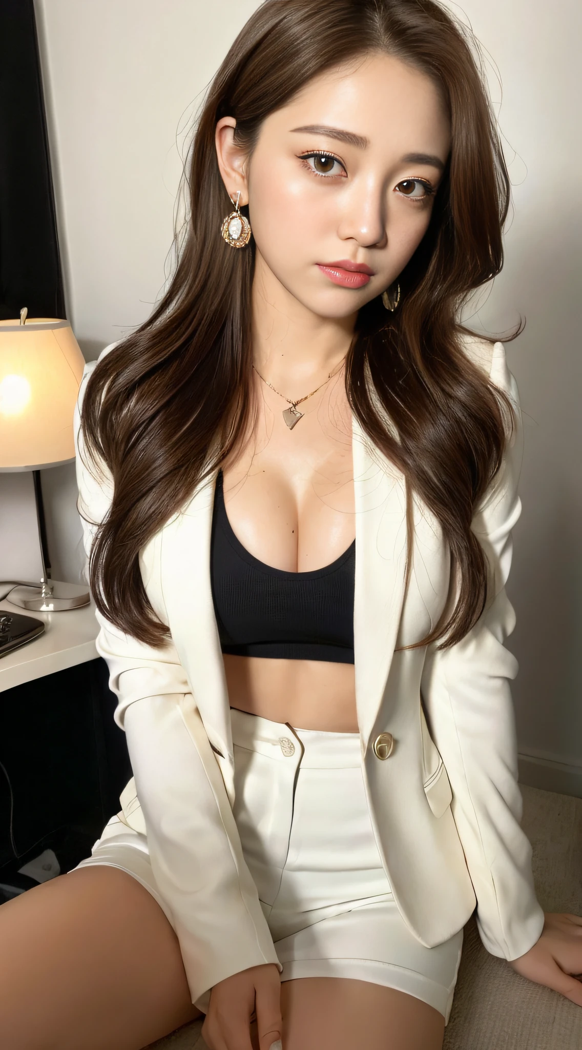 8K, RAW photos. Top quality, high quality, extreme detail photos, extreme detail eyes, super detail face, super detail hair, super detail body, (photography lighting: 1.3), 1girl, 40 years old, Korean woman, puffy eyes, big eyes, good shape eyes. brown eyes, gorgeous hair, dark brown hair color, bob hair, good lips, small lips, (medium breasts: 1.3), good breasts, natural makeup, attractive poses, watch, necklace, earrings, white blazer, white mini skirt, white high heels, open crotch, white shorts, crotch shorts exposed, office