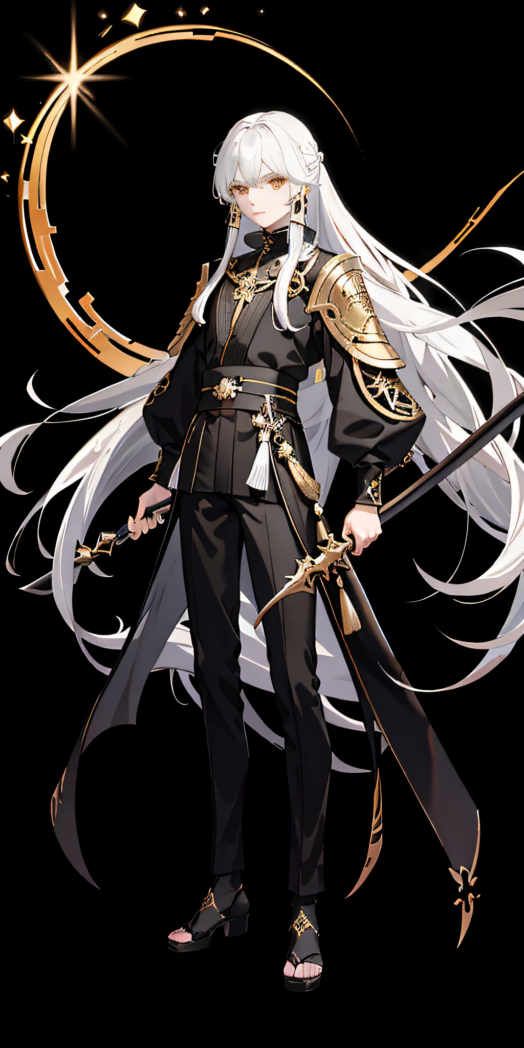 Middle bangs, long white hair, golden eyes, wearing black clothes, holding a black long sword, full body portrait, standing painting, style of genshin impact, handsome face, correct facial features