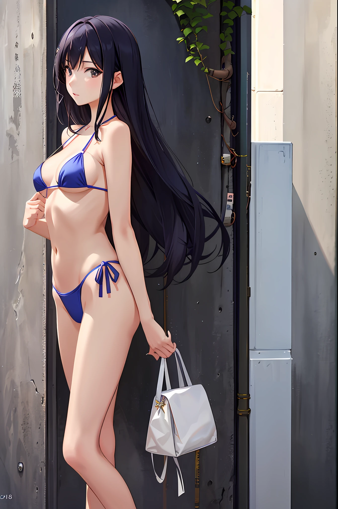 Ala Fed woman in bikini posing in front of brick wall, photo of Yasutomo Oka, flickr, Shinhanga, young skinny gravure idol, Japan model, young pretty gravure idol, slim girl model photo, young sensual gravure idol, bikini, outfit: bikini, swimsuit, beautiful attractive , sexy