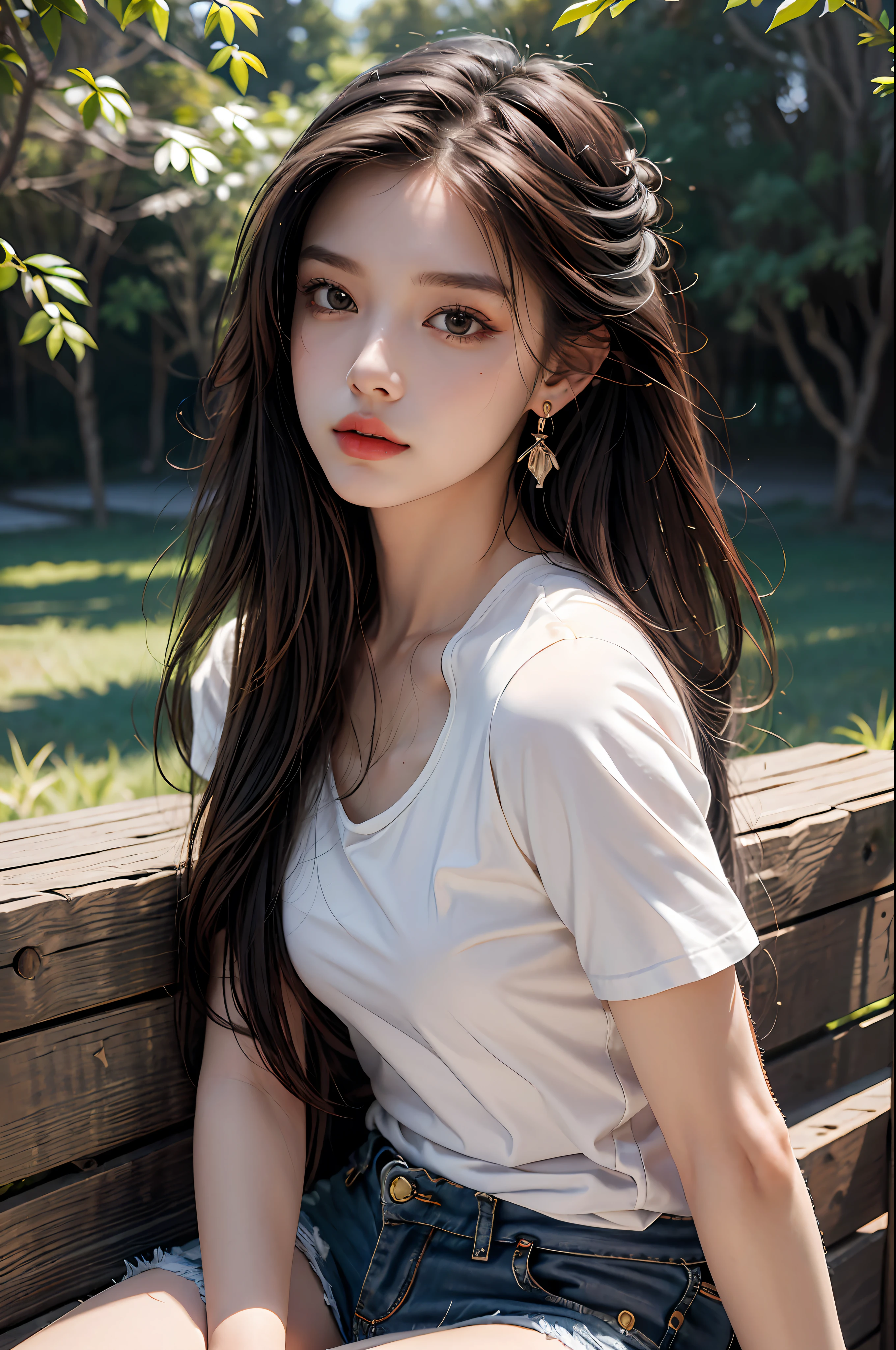 Best quality, masterpiece, super high resolution, (realistic: 1.4), original photo, (evening street), 1 girl, black eyes, looking at the audience, long hair, light makeup, lips, small ears, white t-shirt, denim shorts, earrings, sitting Ferrari, big breasts, slim