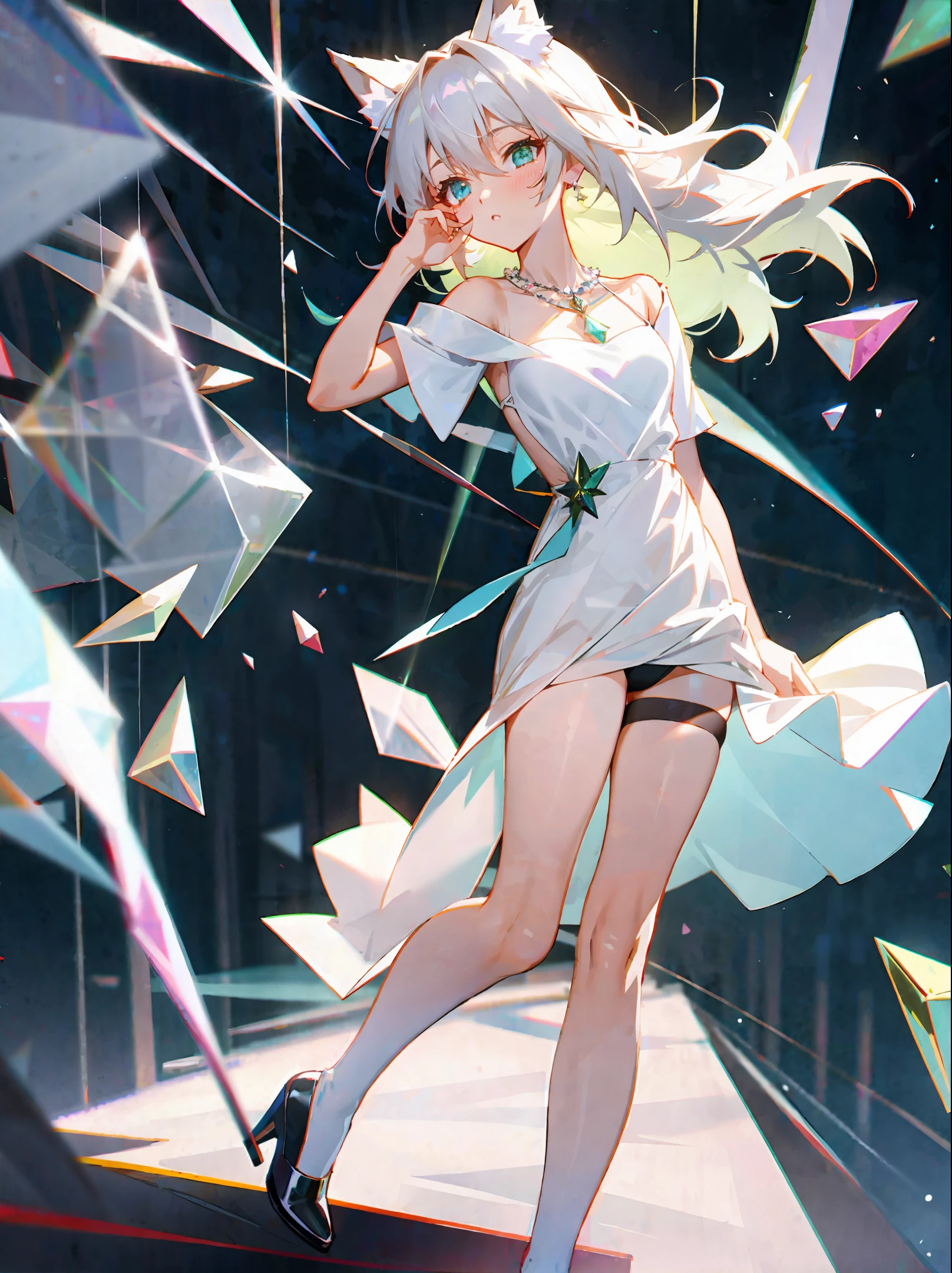 woman emerald necklace emerald ring anime animal ears white dress black stockings urban panties bra crystal high heels