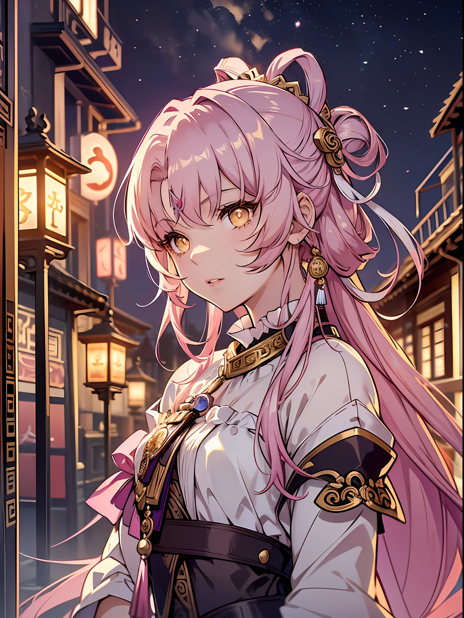 (illustration style, exquisite masterpiece, best picture quality), a anime girl wearing Hanfu, bright eyes and teeth, pink hair in a bun, fluttering hem, golden hair ornaments embellishments, light golden eyes and small chest, dynamic posture, picture in line with the golden ratio, large aperture portrait, white space, strong light and shadow contrast), bright tone, dignified and elegant, night view of the ancient city, Kong Ming lantern rising in the sky, background blur, classical style, white and pink as the main colors, full of details