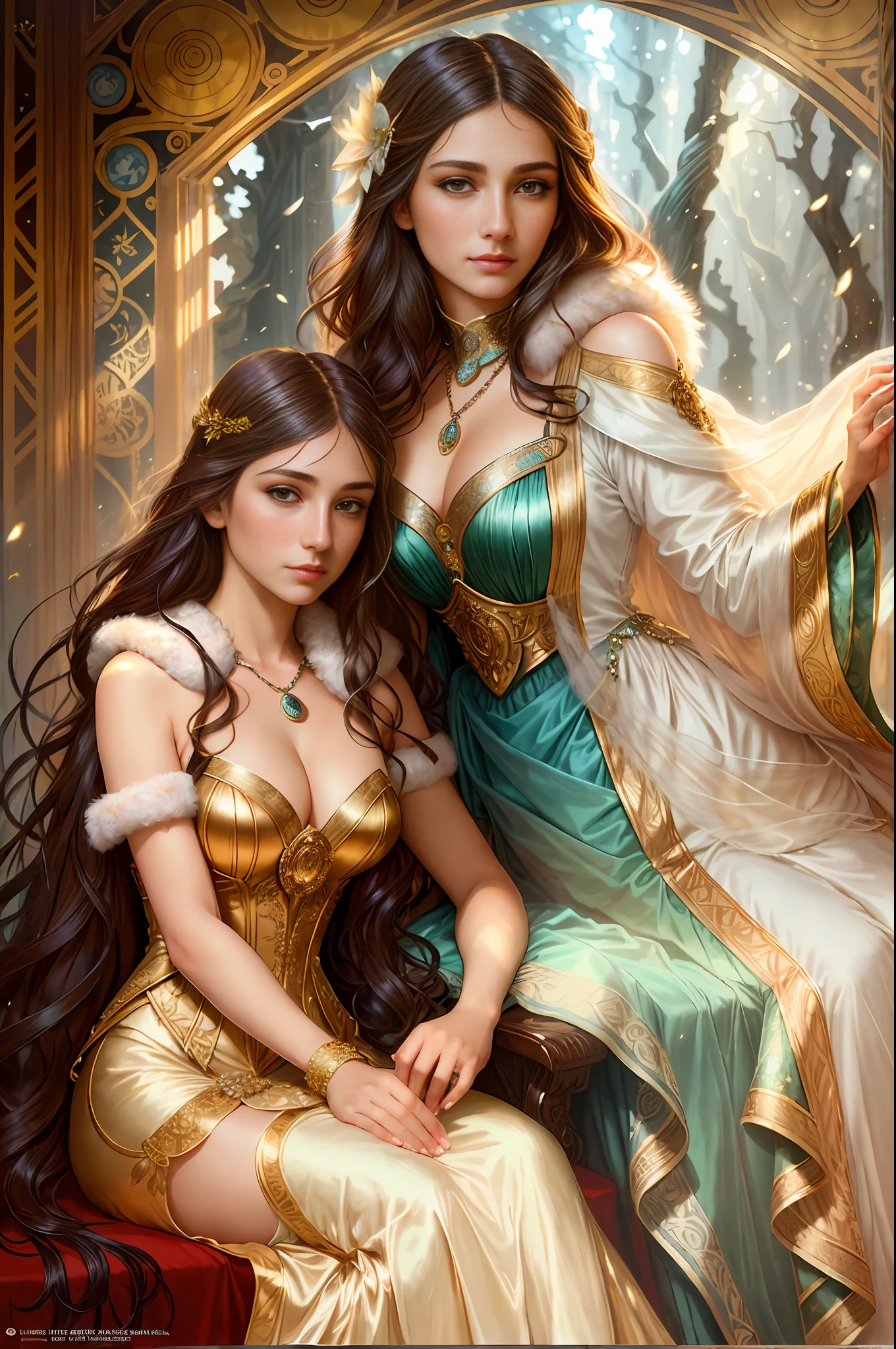 (Positive Focus,raw photo), Portrait Close-up, (In the Dark:1.1), Surrealist Female Portrait David Hockney and Alphonse Mucha,Fantasy Art, 2 Girls, Wearing Gorgeous fur, Photo Realistic, Dynamic Lighting, Artstation, Poster, Volumetric Lighting, Very Detailed Faces, 4 K, Award-Winning Award, 1 Girl, Shadow, Understated, (official costume: 1.4, gorgeous fur, intricate costumes, furs), looking at the camera, half-body shot, ((realistic face))),