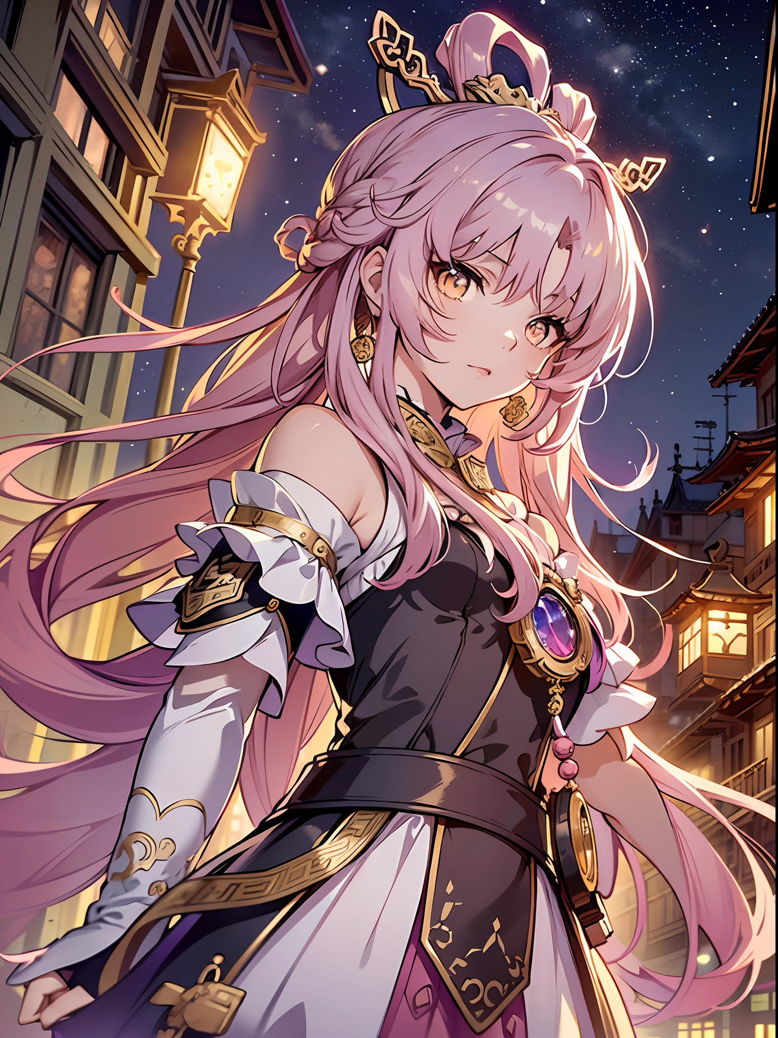 (illustration style, exquisite masterpiece, best picture quality), a 14-year-old anime girl wearing Hanfu, bright eyes and teeth, pink hair in a bun, fluttering hem, golden hair ornaments embellishments, light golden eyes and small chest, dynamic posture, picture in line with the golden ratio, large aperture portrait, white space, strong light and shadow contrast), bright tone, dignified and elegant, night view of the ancient city, Kong Ming lantern rising in the sky, background blur, classical style, white and pink as the main colors, full of details