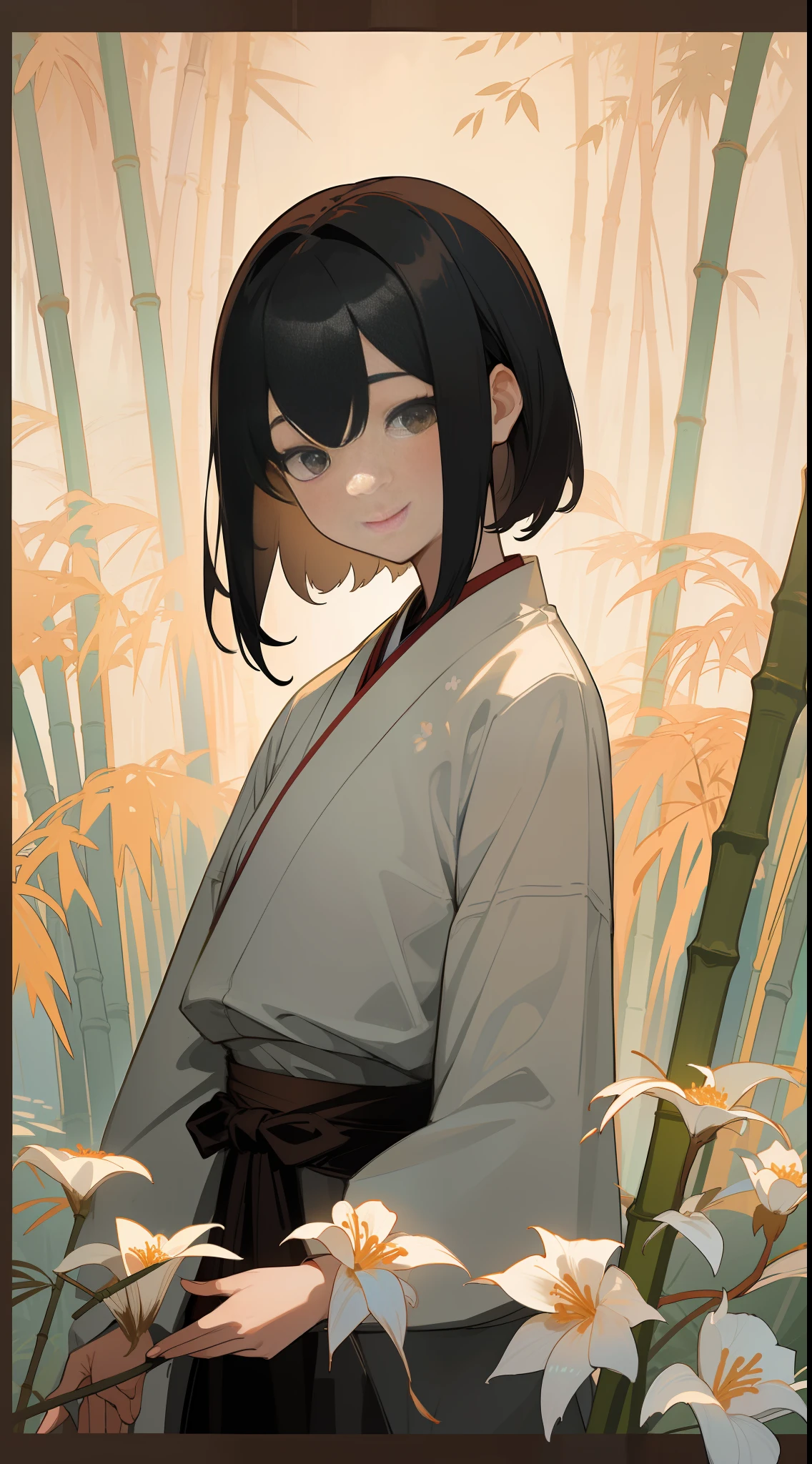 (Masterpiece), best quality, good anatomy, ink bissim, behind arms, (1 girl: 1), (upper body), (smile), short hair, (hanfu), (Edgey 0.5), (trees: 0.5), (flowers: 0.6), (wooden house: 0.2), (bamboo forest: 0.2), (stream: 0.2), (river: 0.2),