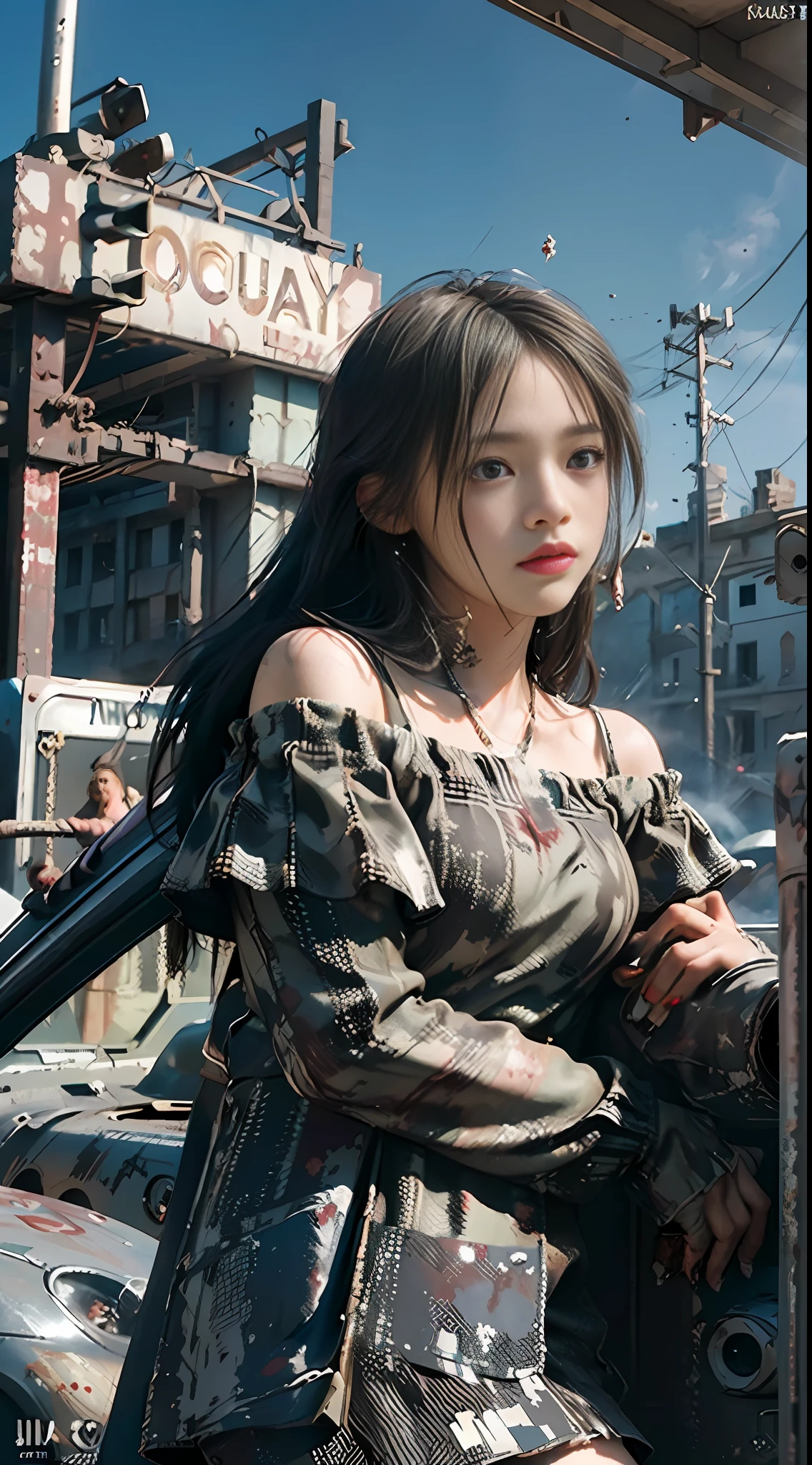 Best quality, masterpiece, ultra high res, (photorealistic:1.4), raw photo, 1girl, off shoulder, cinematic lighting, apocalypse, ruins, war, (dirty face), lowkey, (film grain:1.0), (floating dust particle:1.2), dust, blood stains, sad, long hair