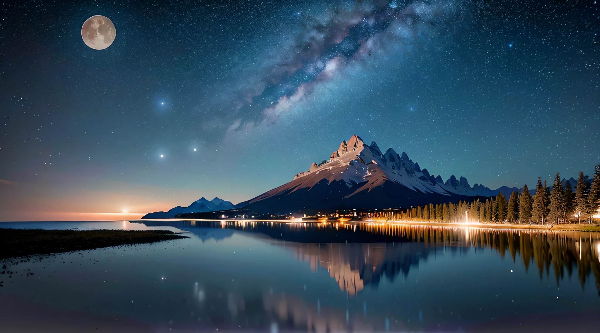 Very starry night. A giant moon behind the mountains. A tranquil lake reflecting the night. Realistic scene, detailed, photorealism, 8k