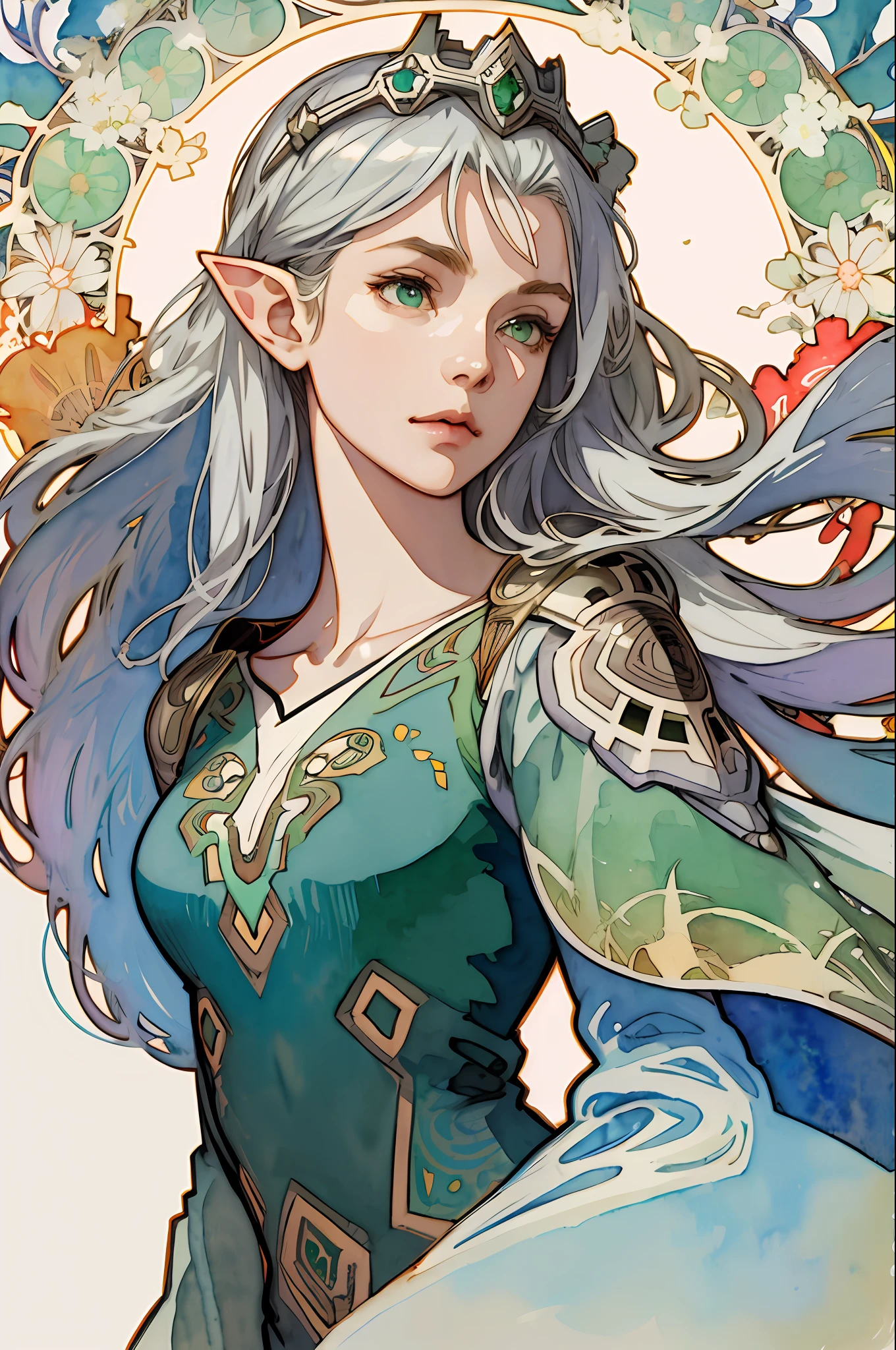 (Best Picture), (Watercolor), ((Matte)), ((by Mucha)), (Thick Outline),((Beautiful Face)), Flowing Lines, (High Resolution, Super Detail), Elf, 1 Girl, 28 Years Old, Skinny,Thin, Straight Long Hair, Beautiful Silver Hair, Green Eyes, Parted Bangs, Hair Swaying in the Wind, Simple Tiara, White Skin, Front and Upper Body, Standing, stunning queen dress in green, armor, collarbone, geometric pattern, (flower), front, hand down, soft air, serious face, wind magic,