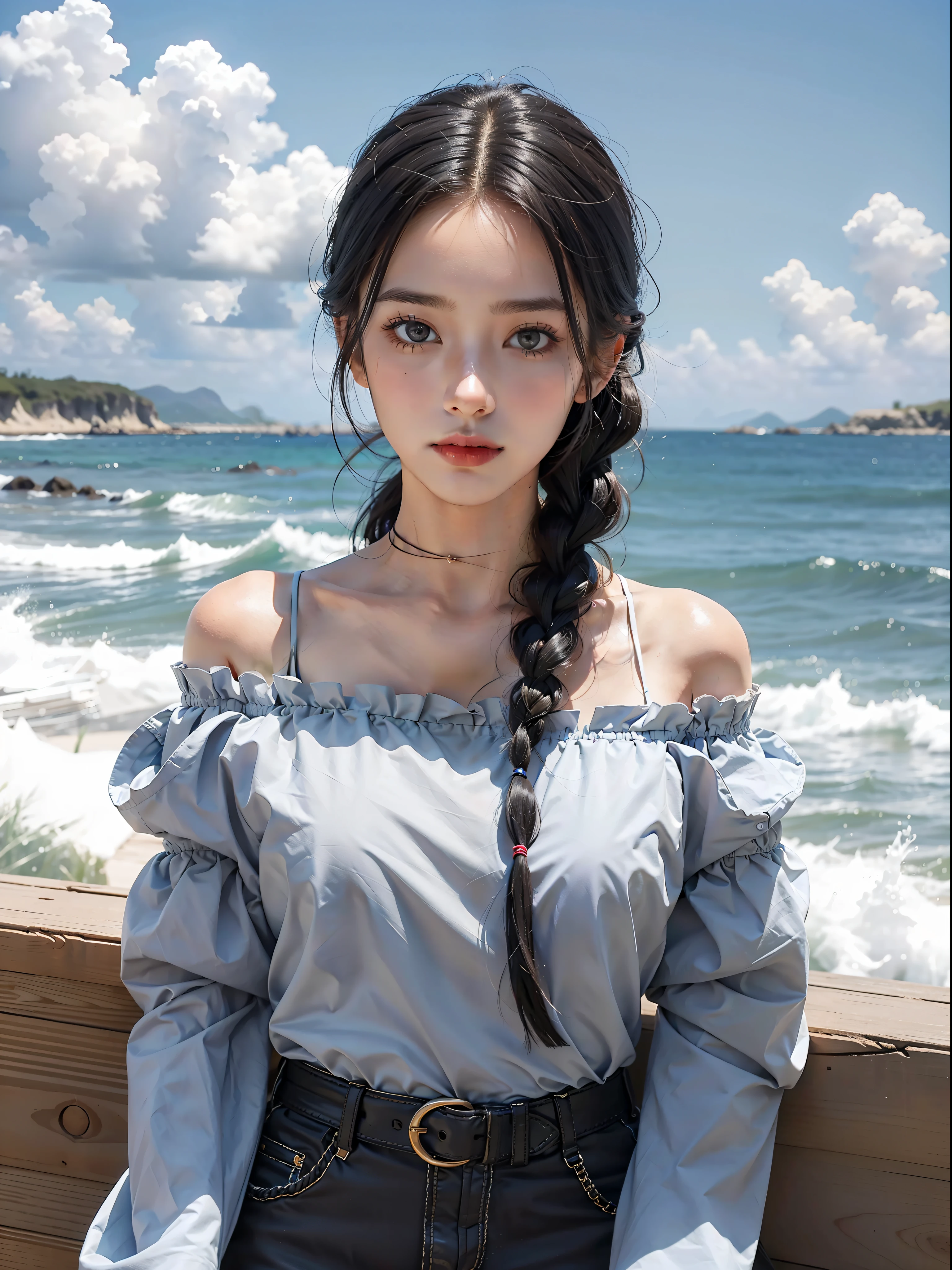 1 girl, best quality, masterpiece, realistic, off-the-shoulder outfit, black hair tied loosely braided, coast, sky
