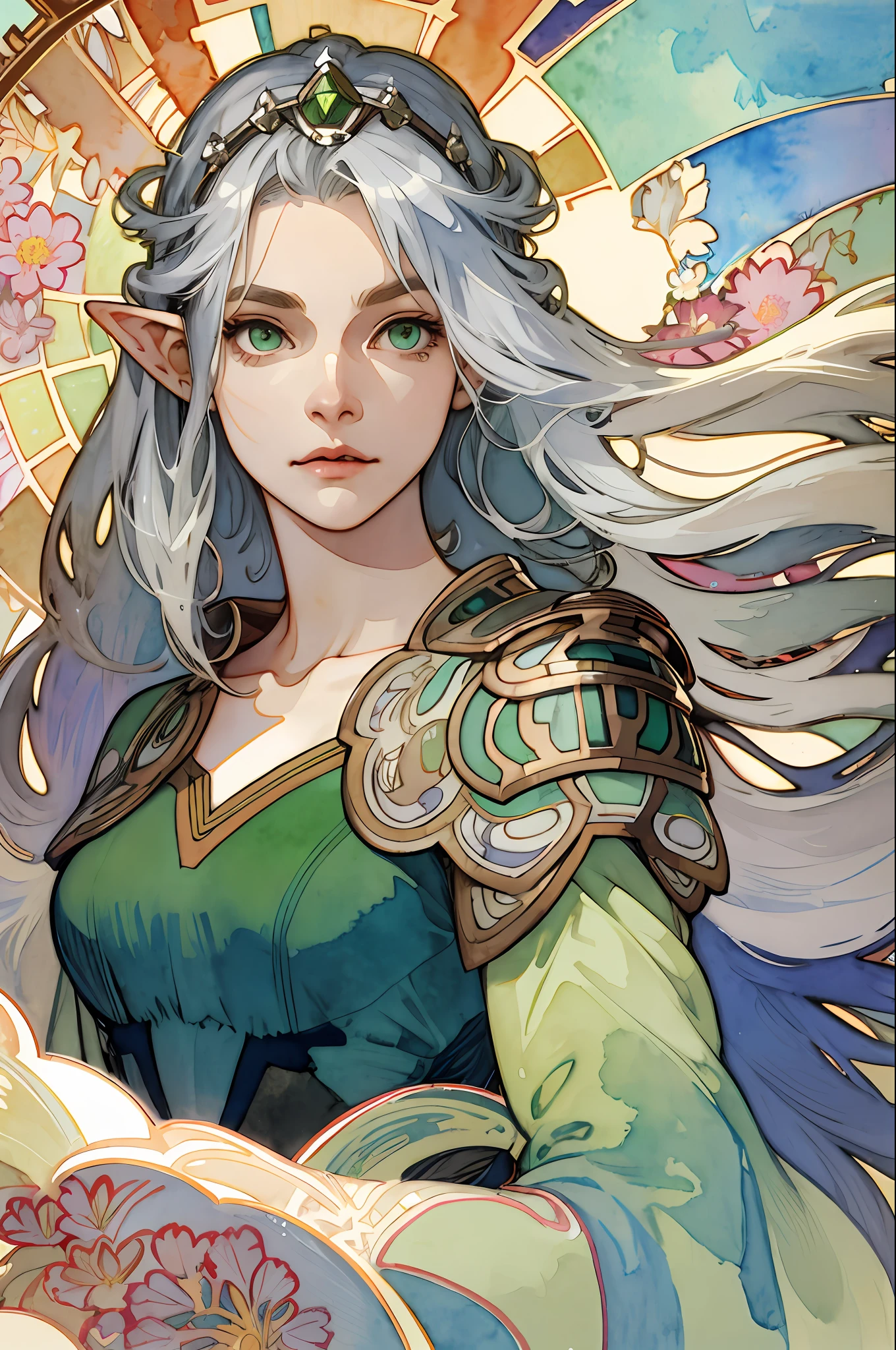 (Best Picture), (Watercolor), ((Matte)), ((by Mucha)), (Thick Outline),((Beautiful Face)), Flowing Lines, (High Resolution, Super Detail), Elf, 1 Girl, 28 Years Old, Skinny,Thin, Straight Long Hair, Beautiful Silver Hair, Green Eyes, Parted Bangs, Hair Swaying in the Wind, Simple Tiara, White Skin, Front and Upper Body, Standing, stunning queen dress in green, armor, collarbone, geometric pattern, (flower), front, hand down, soft air, serious face, wind magic,