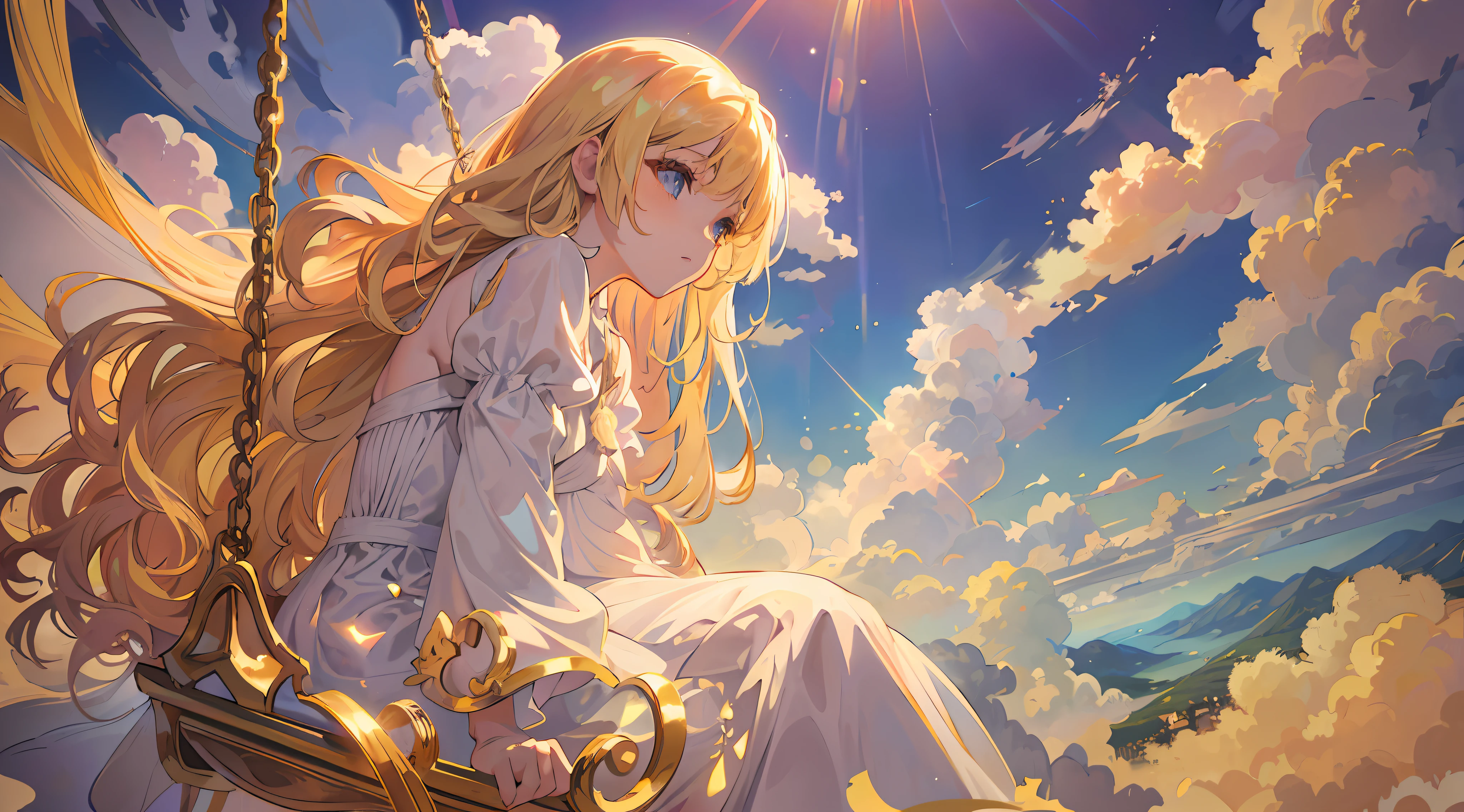 Girl, white translucent dress, long dress, (golden hair 1.1), long hair, sitting on a swing, high in the clouds, (saturated shades 1.1), gradient, color iridescence, sun rays, accent on gold, rear view in the distance, (high resolution 1.1), high quality, good anatomy, --auto --s2