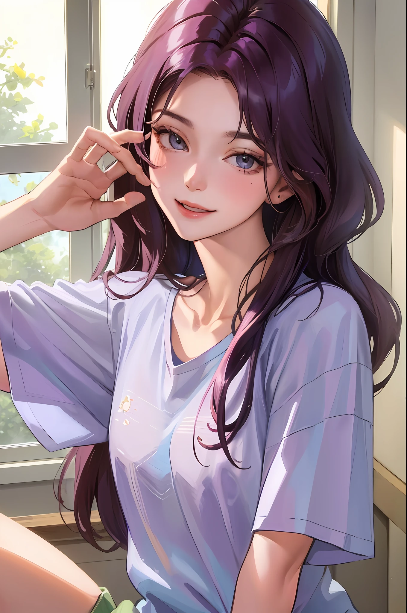 (higher resolution, distinct_image) The best quality, a woman, masterpiece, highly detailed, semi realistic, 21 years old, beautiful, young, handsome, t-shirt, lilac shirt pulled, collar on neck, interior, modern room, window, wake up, morning, blush, smiling