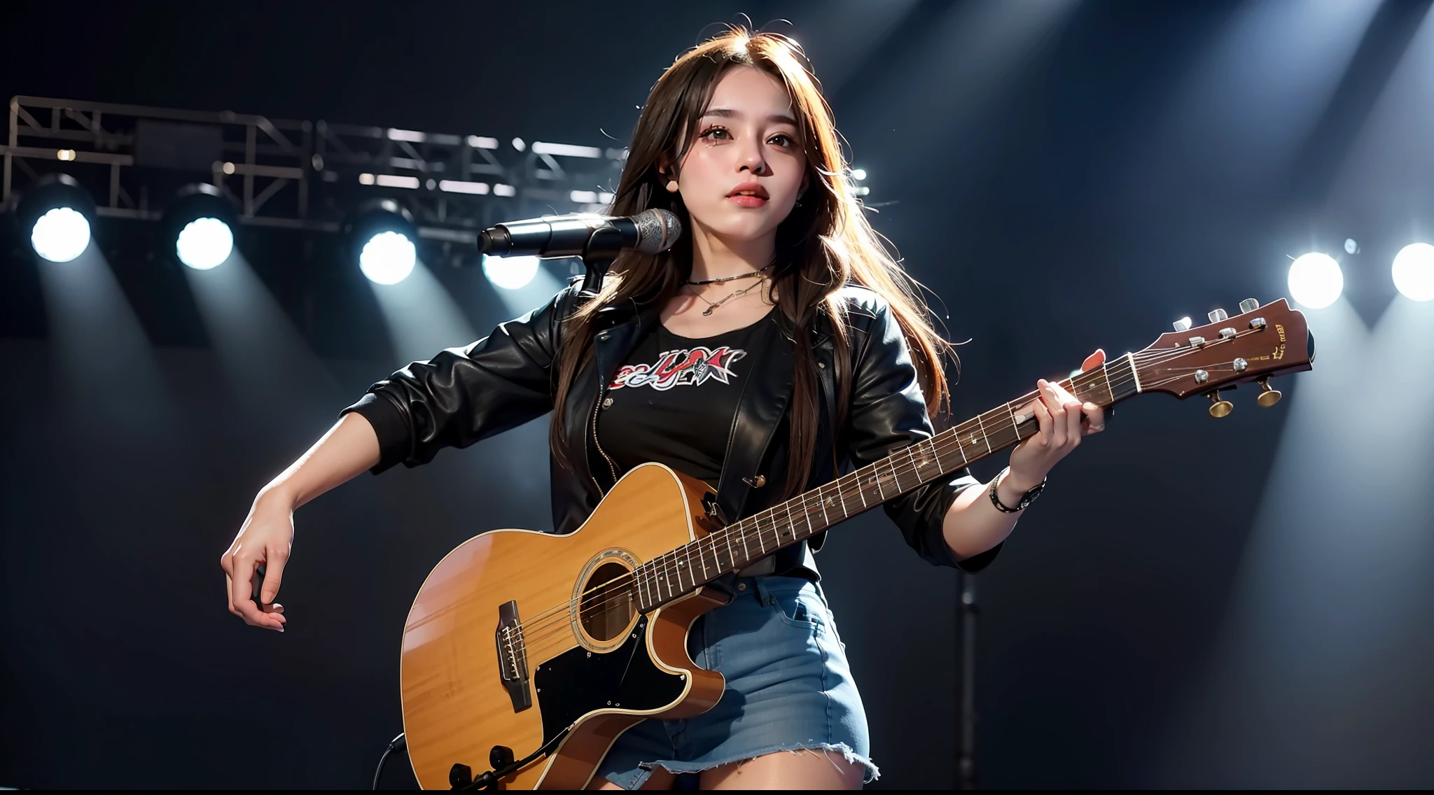 Concerts held in stadiums during rock festivals. In the twilight sky, she goes on stage with a backing band. For the encore, she wears a miniskirt and boots, creating a fantastic atmosphere. With a realistic production, the sound of the guitar stirred up the venue. The highest quality 8K reproduces the production more realistically. Realistic, Japan person, cute, cool, style best,