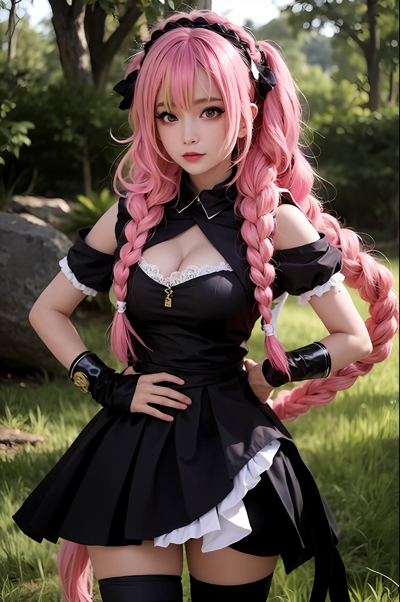 Short black and white costume with pink braid hair, {{{1/3 of the hair is green}}}}, big breasts, anime girl cosplay, cosplay, glamorous cosplay, cosplay photo