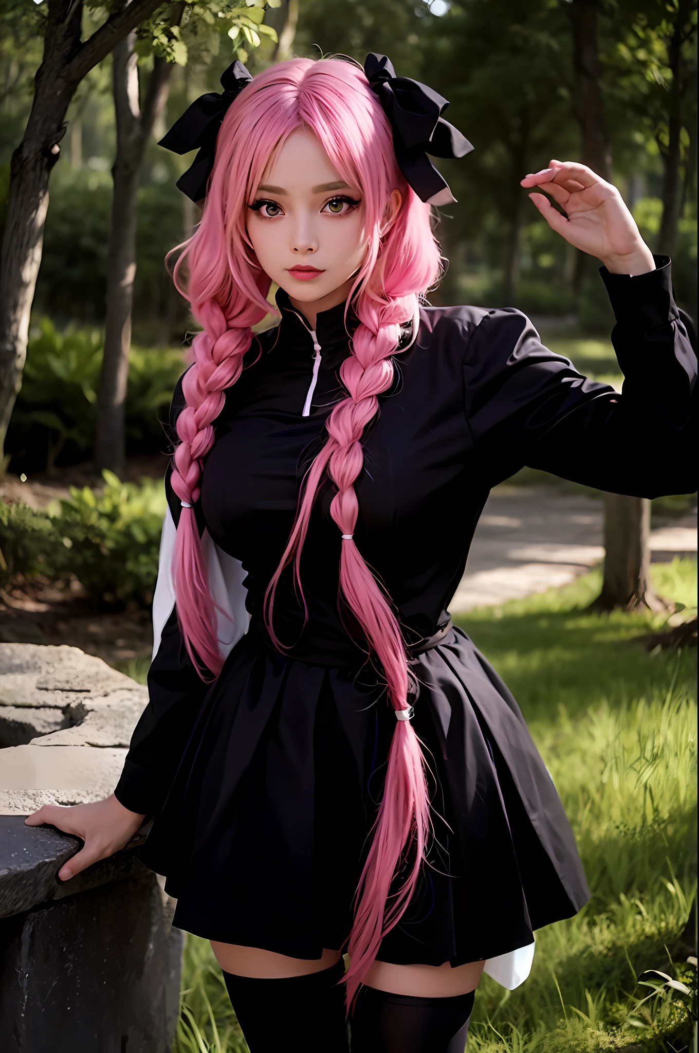 Short black and white costume with pink braid hair, {{{1/3 of the hair is green}}}}, big breasts, anime girl cosplay, cosplay, glamorous cosplay, cosplay photo