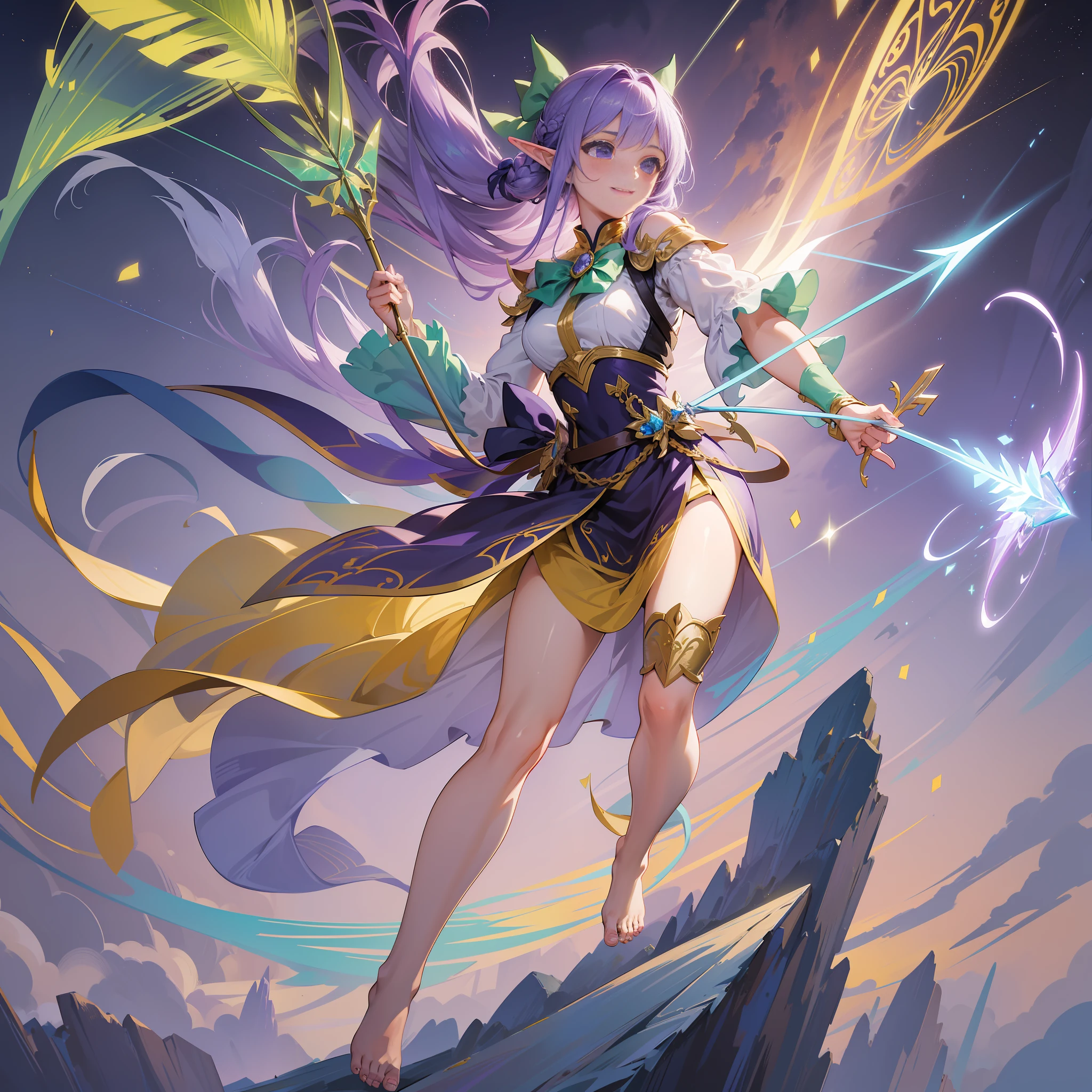 Girl, bow in hand, soaring, ready to shoot arrows, smile, barefoot, purple hair, yellow-green clothes, full body, elf, flowing, aura behind, sky, shooting star, crystal bow, magic arrow, light effect, 8K, HD, delicate, unparalleled masterpiece, movie, anime, high-quality digital art
