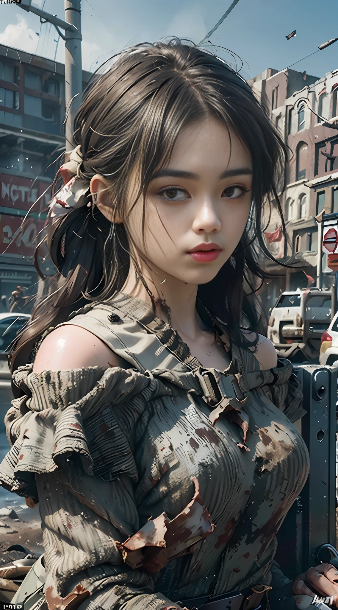 Best quality, masterpiece, ultra high res, (photorealistic:1.4), raw photo, 1girl, off shoulder, cinematic lighting, apocalypse, ruins, war, (dirty face), lowkey, (film grain:1.0), (floating dust particle:1.2), dust, blood stains, sad, long hair