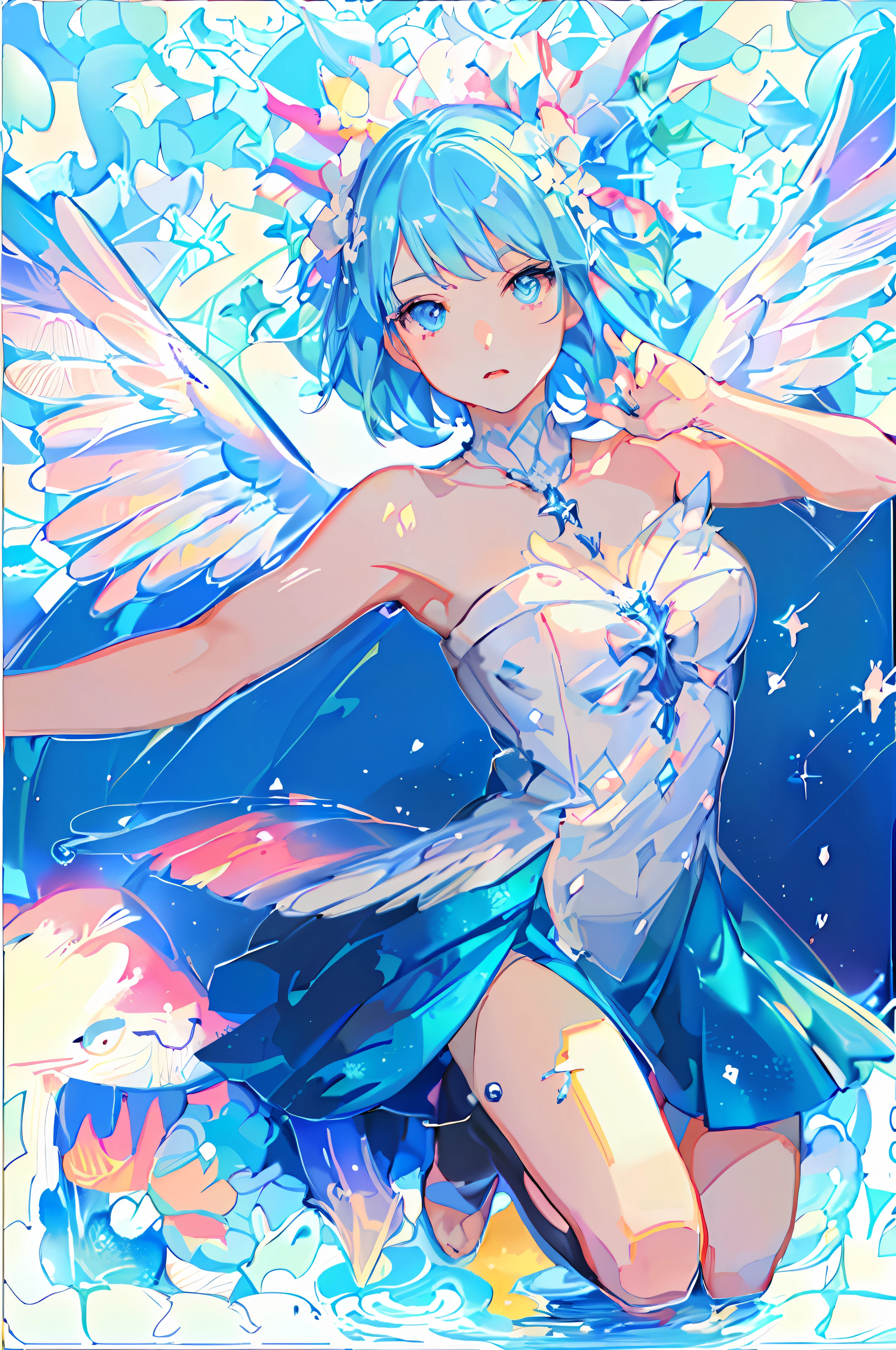 anime girl with blue hair and angel wings in white dress, anime goddess,beautiful anime artwork, highest rated on pixiv, beautiful anime art, beautiful anime art style, pixiv style, pixiv contest winner, beautiful celestial mage, clean detailed anime art, anime portrait by Cirno, anime illustration