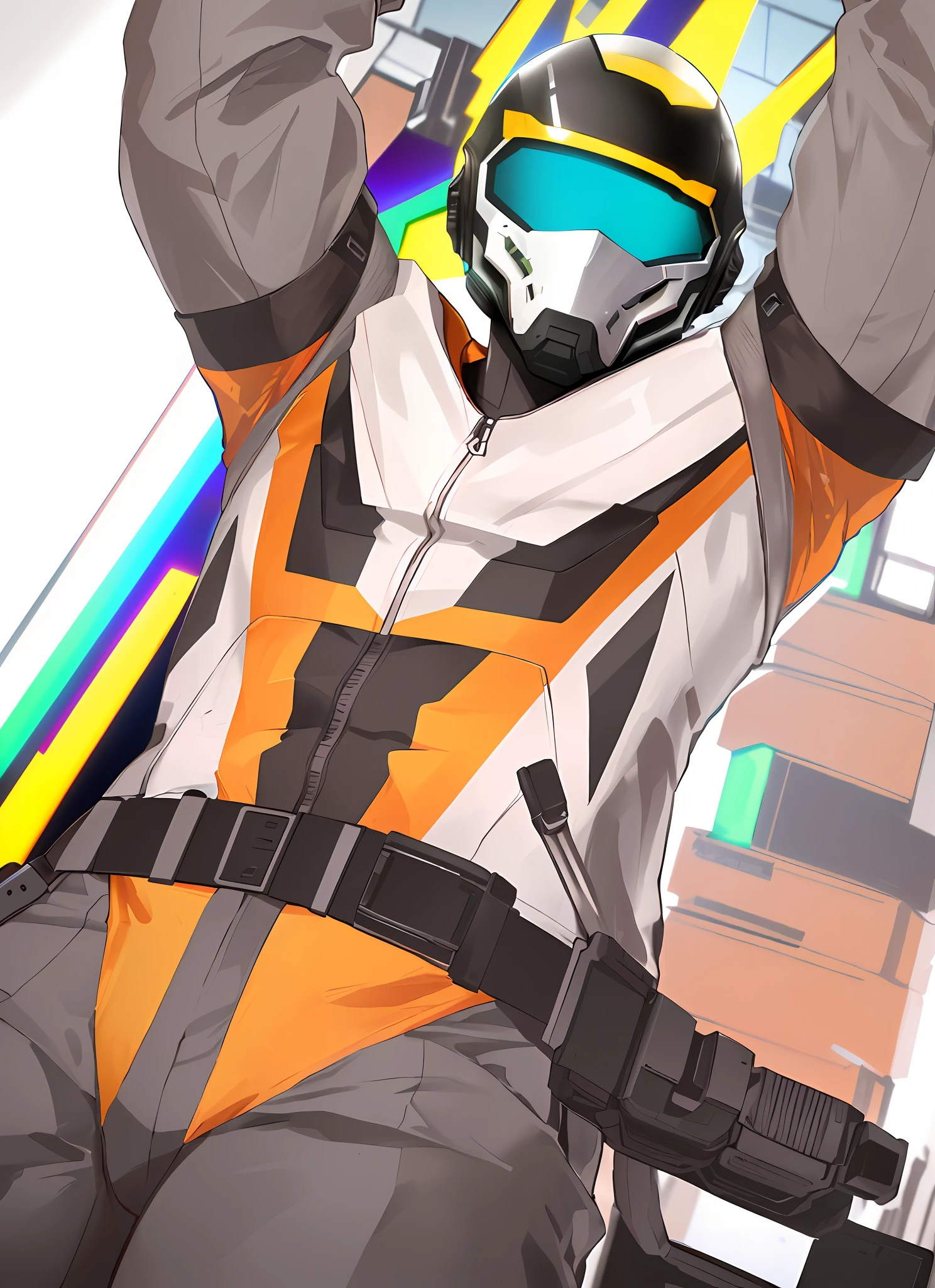 (best quality, high detail, 8K, full body), male, arafed male, muscular male, muscle, biceps, faceless, faceless male, (cyberpunk mask, cyberpunk helmet, futuristic helmet, hi-tech helmet, helmet covering all of face), outfit, (racer jacket, tight suit, gray longpants), dynamic pose, raising arm, photoshoot on studio