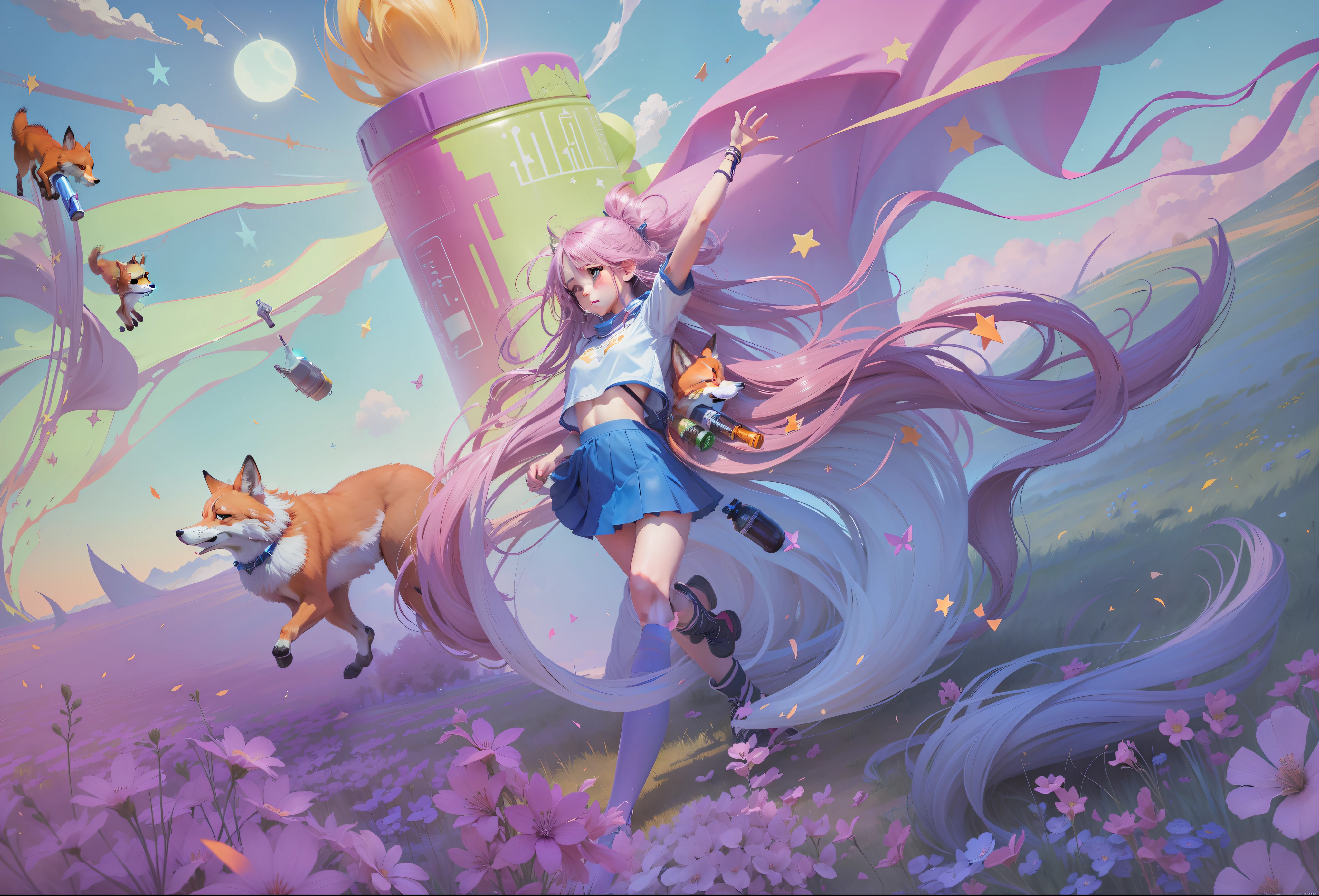 1 girl with long hair running with bottle in hand, wearing skirt, with a fox next to her, blue sky, stars, dreamy meadow, cgstation pop --auto --s2