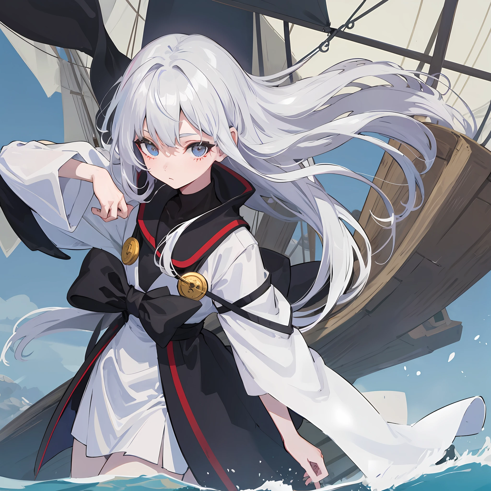 Anime female, with black and white hair colour style, using white adventure robe, was on a sailing ship