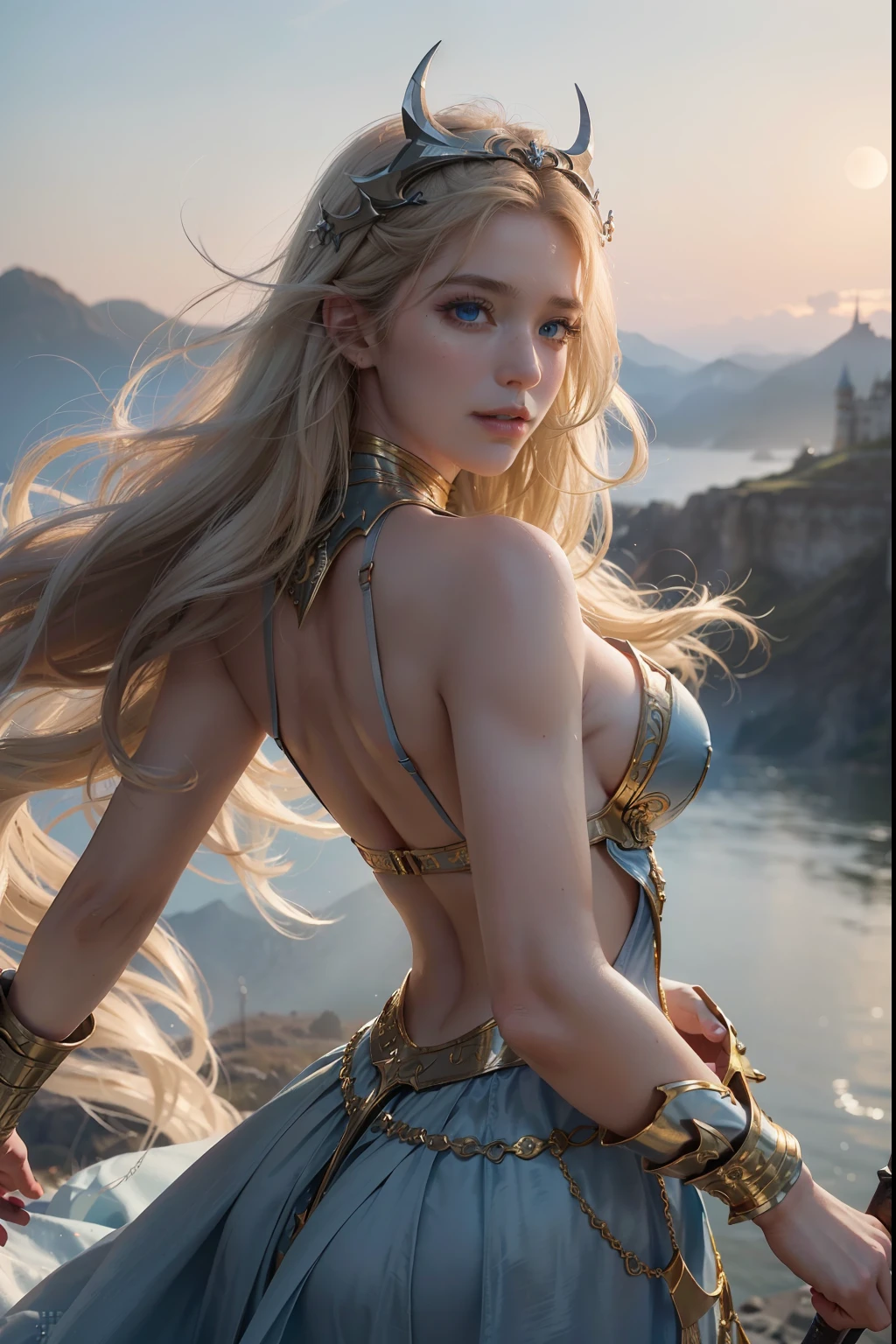 ((Best Quality, 8k, Sharp Focus, 35mm Lens, Masterpiece: 1.2, back Light, Ultimate Girl, Highly Detailed Facial Textures, Highly Detailed Facial Textures, detailed beauty makeup: 1.2, realistic skin, detailed bangs)), The background of night the mountain, (detailed shining light gold Full Metal Armor), holding flame sword, (circlet helmet), 22 years old, inverted triangle face, large breast, Grinning, detailed divine pale blonde hair, long wavy messy hair, wind, light fog, devil's castle, beautiful detailed deep blue eyes, sense of determination Courageous face, final battle, absurdity, upper body , head tilt
