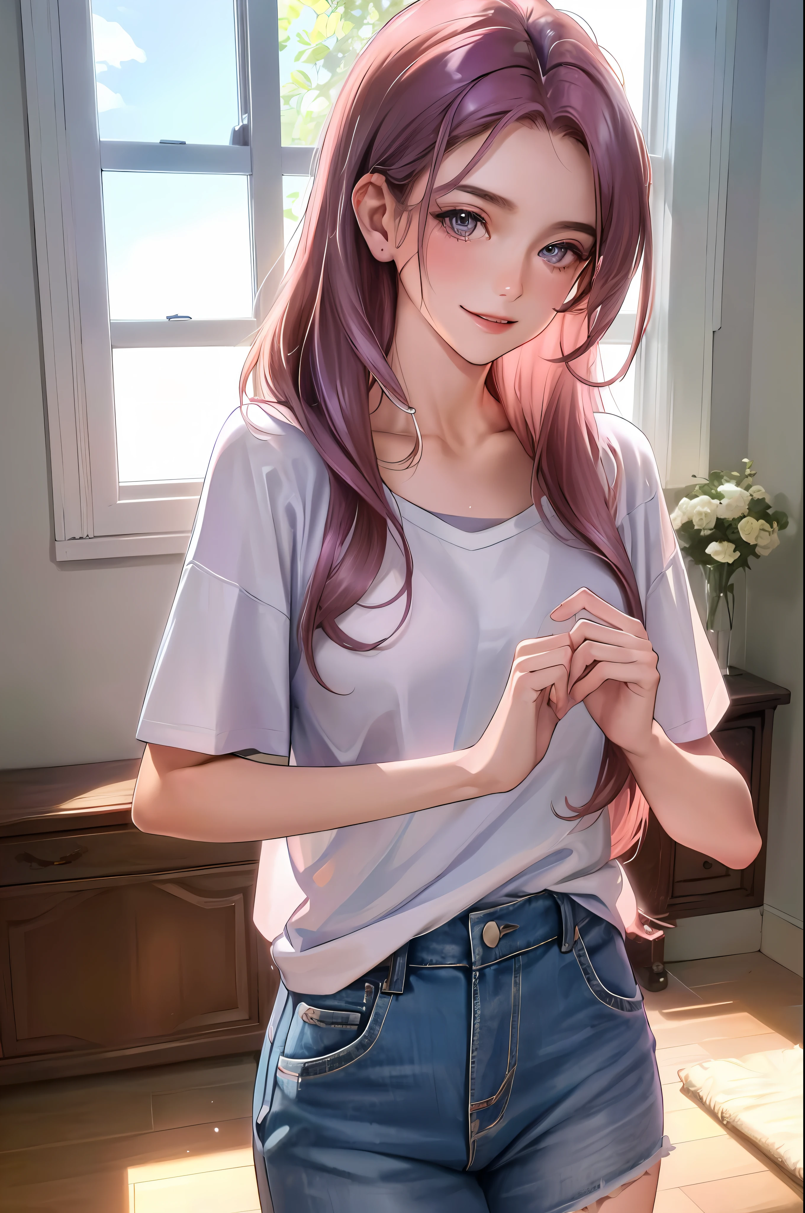 (higher resolution, distinct_image) The best quality, a woman, masterpiece, highly detailed, semi realistic, 21 years old, beautiful, young, handsome, t-shirt, lilac shirt pulled, collar on neck, interior, modern room, window, wake up, morning, blush, smiling