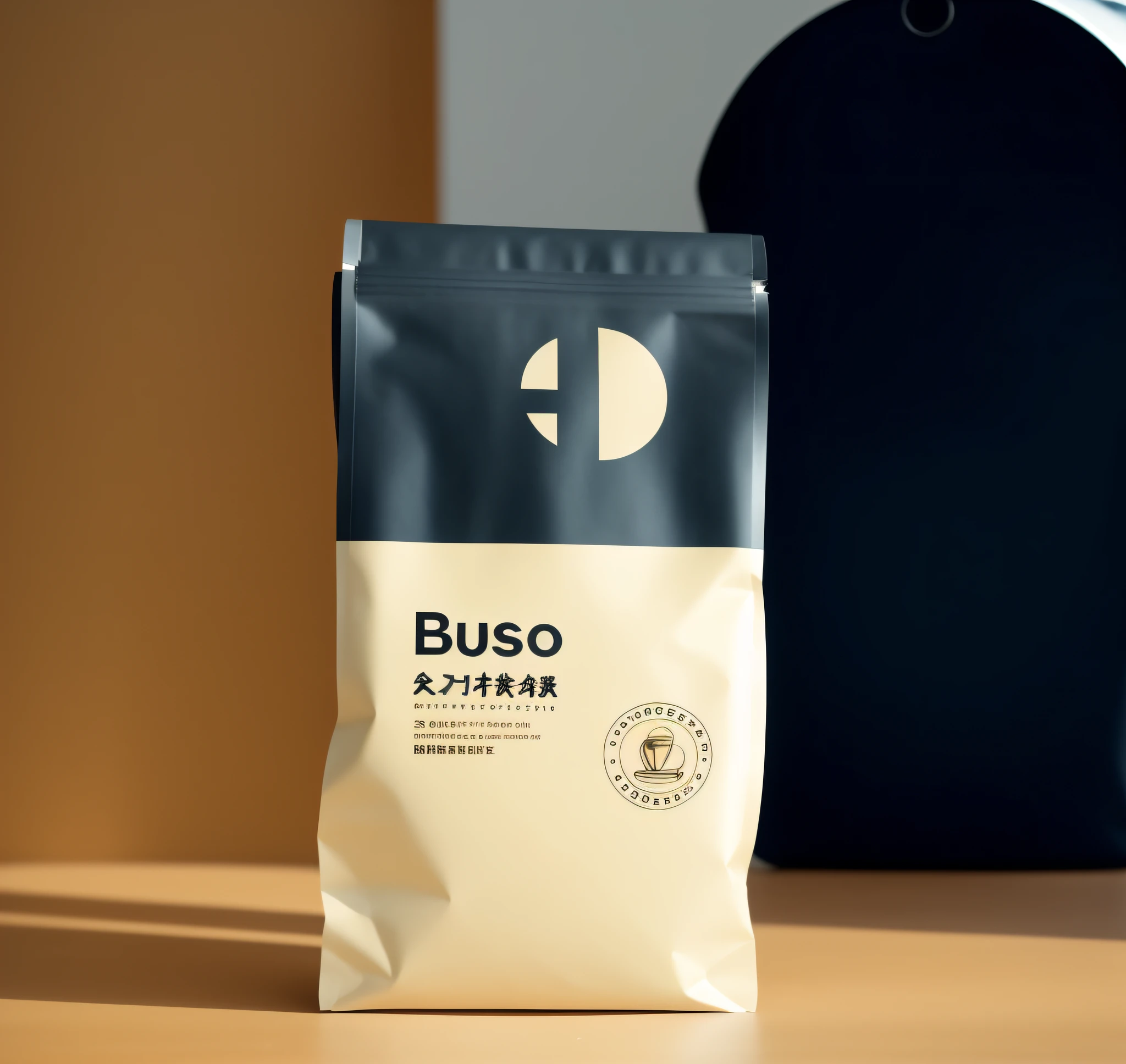 Close up of coffee bag sitting on table, packaging design, official product photos, high quality product photos, idyllic,, Japan packaging, coffee product celebration, background should be different with similar shapes, please change the product name "Buso" to "Brew Coffee"