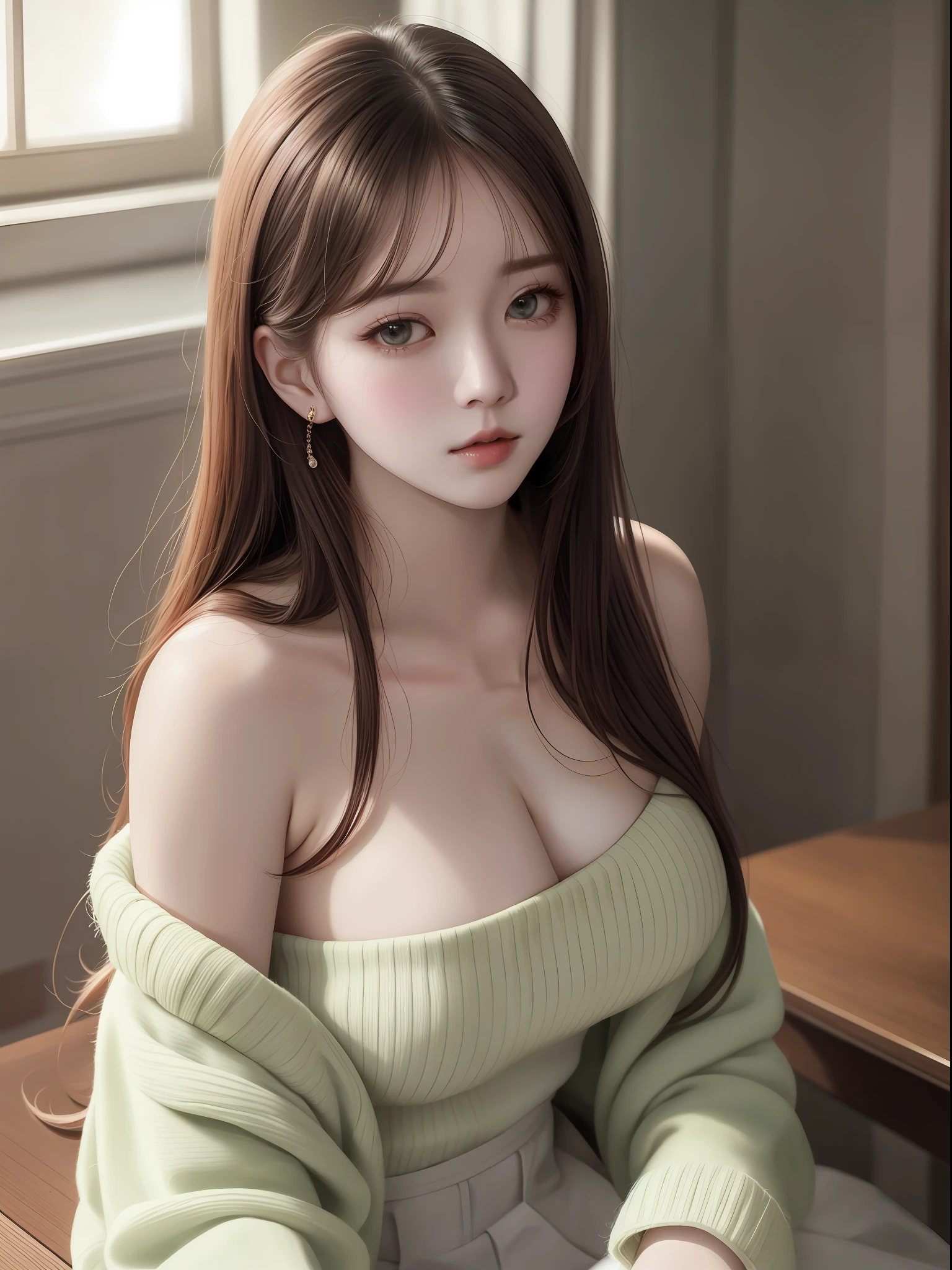 Fantasy. Irene Bae JooHyun, sitting, bare shoulders, detailed (((loose))) white sweater. large breasts, half body portrait, ((looking away)), stunningly beautiful, mint hair, blush, humble, bangs, table, home, hands. highly detailed. Cinematic lighting, (nsfw:1.2)