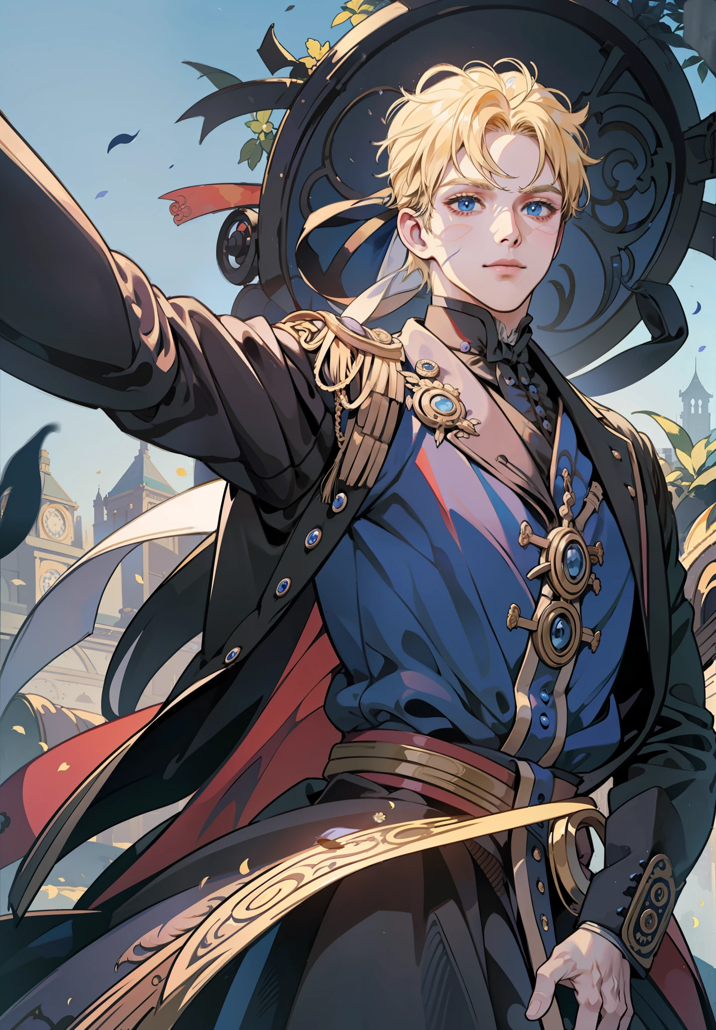 Prince, blue eyes, blonde hair, black outfit, mature, masculine man, quality, tan skin, solo, blue eyes, naruto with victorian attire, ((((victorian male attire)))), 1 boy, solo, uzumaki naruto, whiskermark, masculine, adult, flowers, smile, garden, leaves, castle, standing, hand behind body