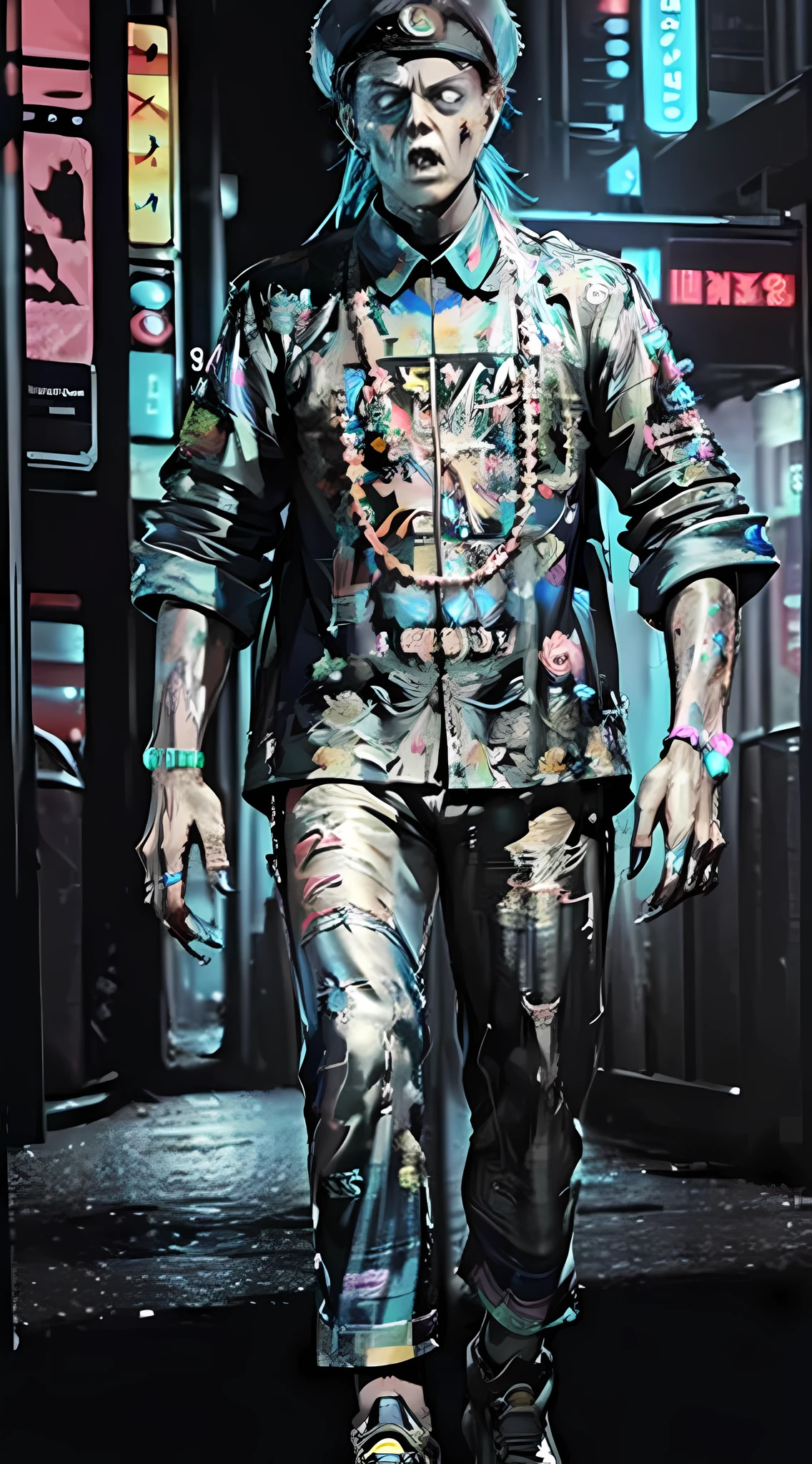((Masterpiece), (Best Quality), Ultra High Resolution, (Realistic:1.4), Extraordinary Detail, Colorful Neon Lights, High Resolution, 8K,1 Clear Zombie Boy, Full Body, Clear Hat, Cyberpunk, Mecha Zombie,